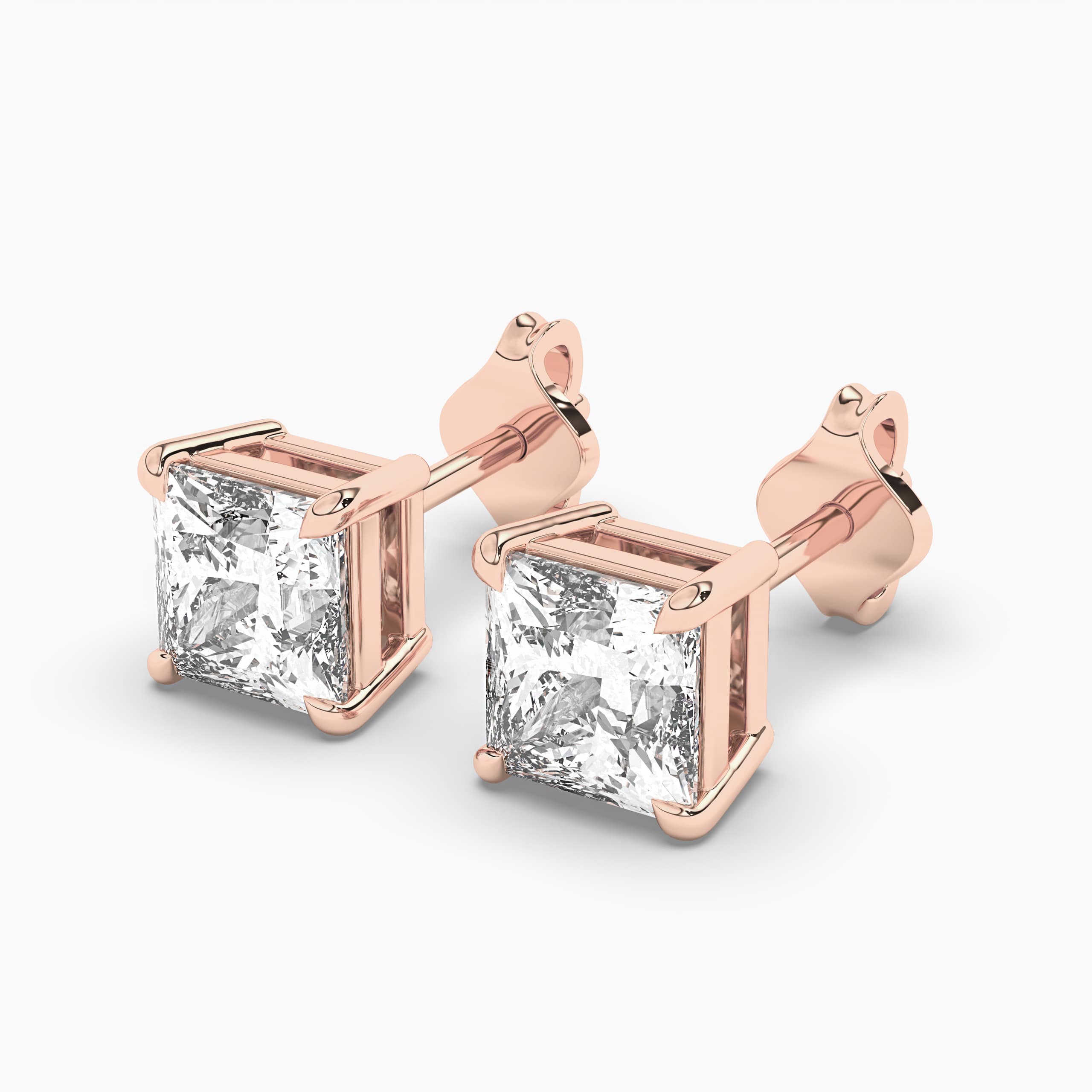  Princess-Cut Diamond Solitaire Stud Earrings in Rose Gold