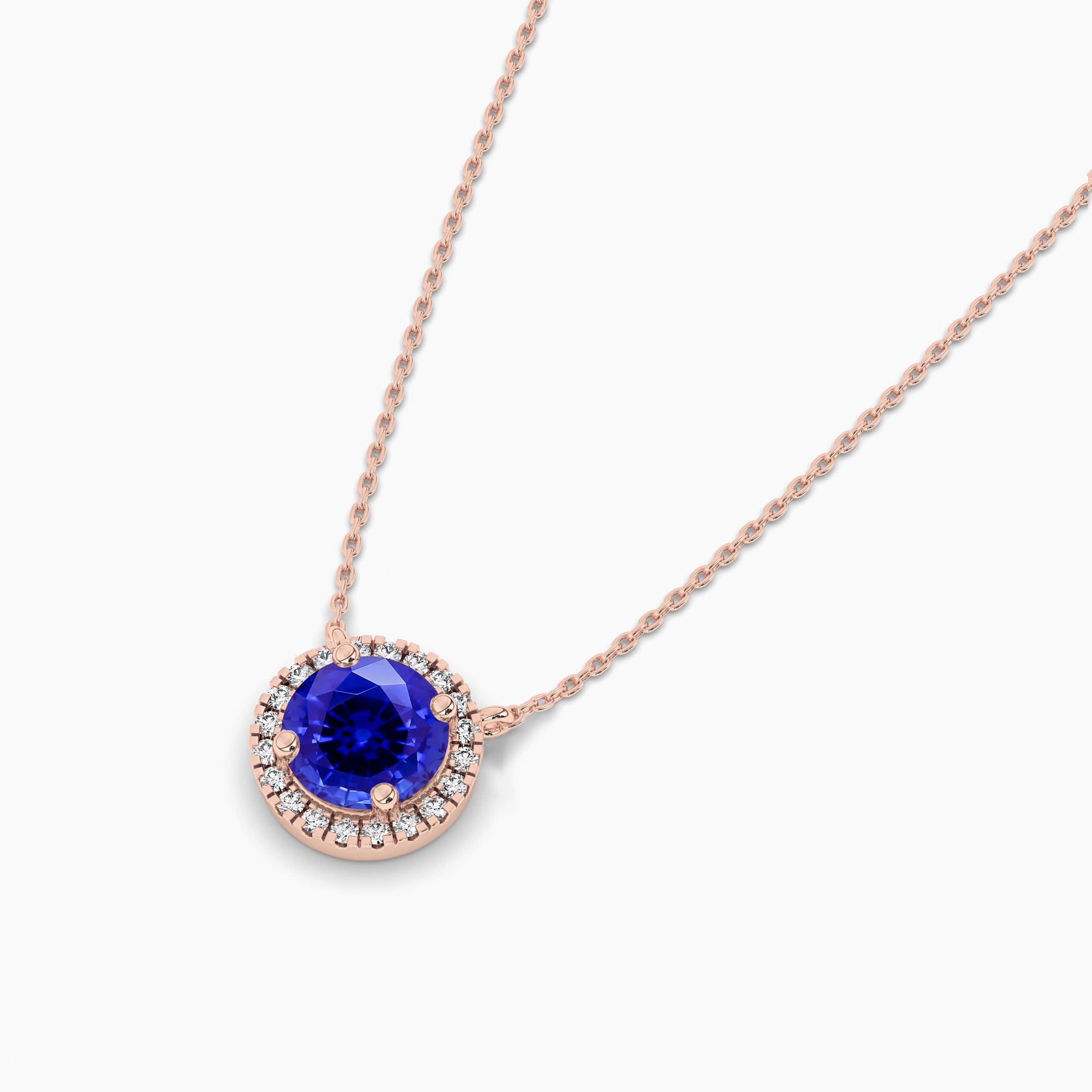 round cut halo simulated blue sapphire rose gold pendant