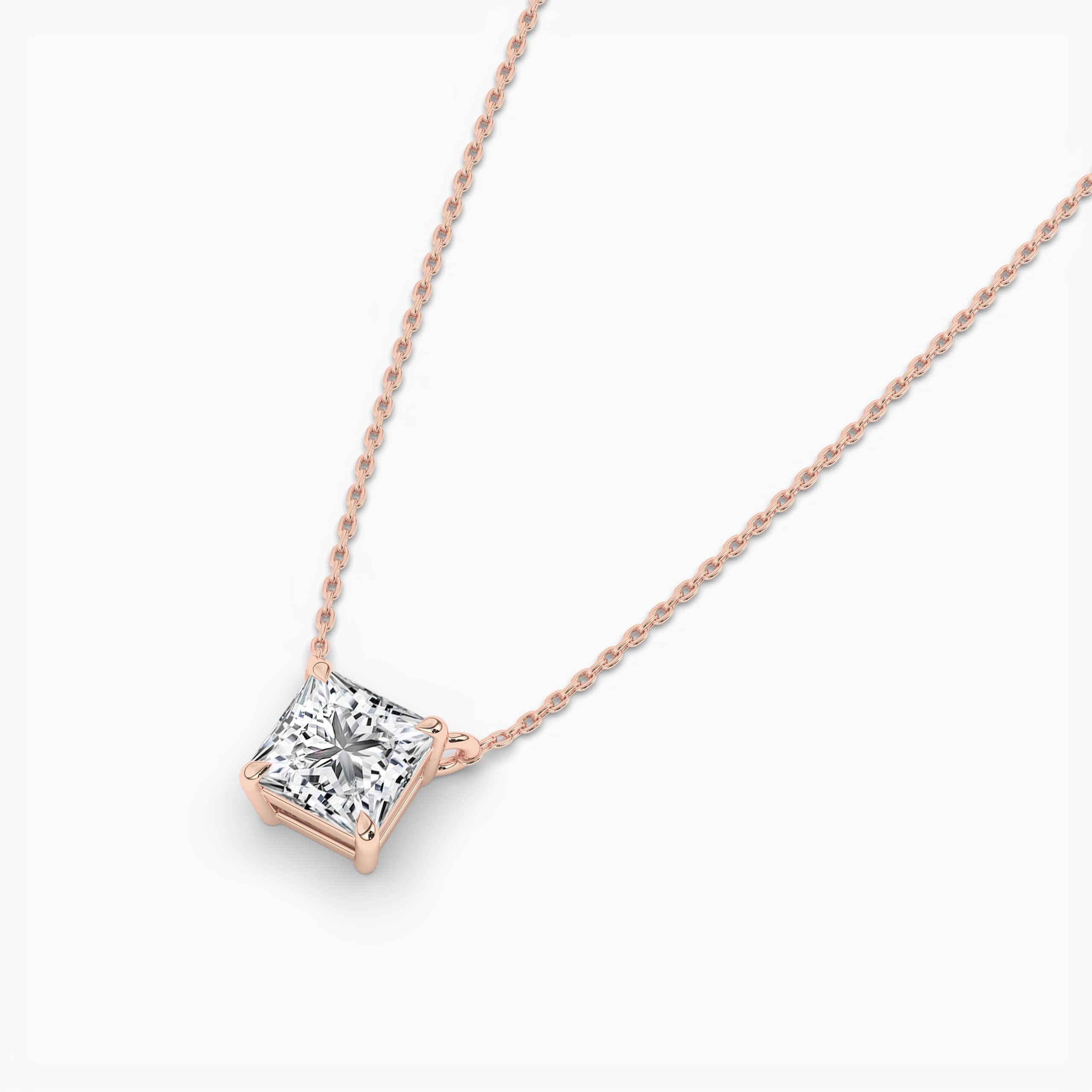Princess Cut Diamond Bezel Set Pendant Necklace in Rose Gold