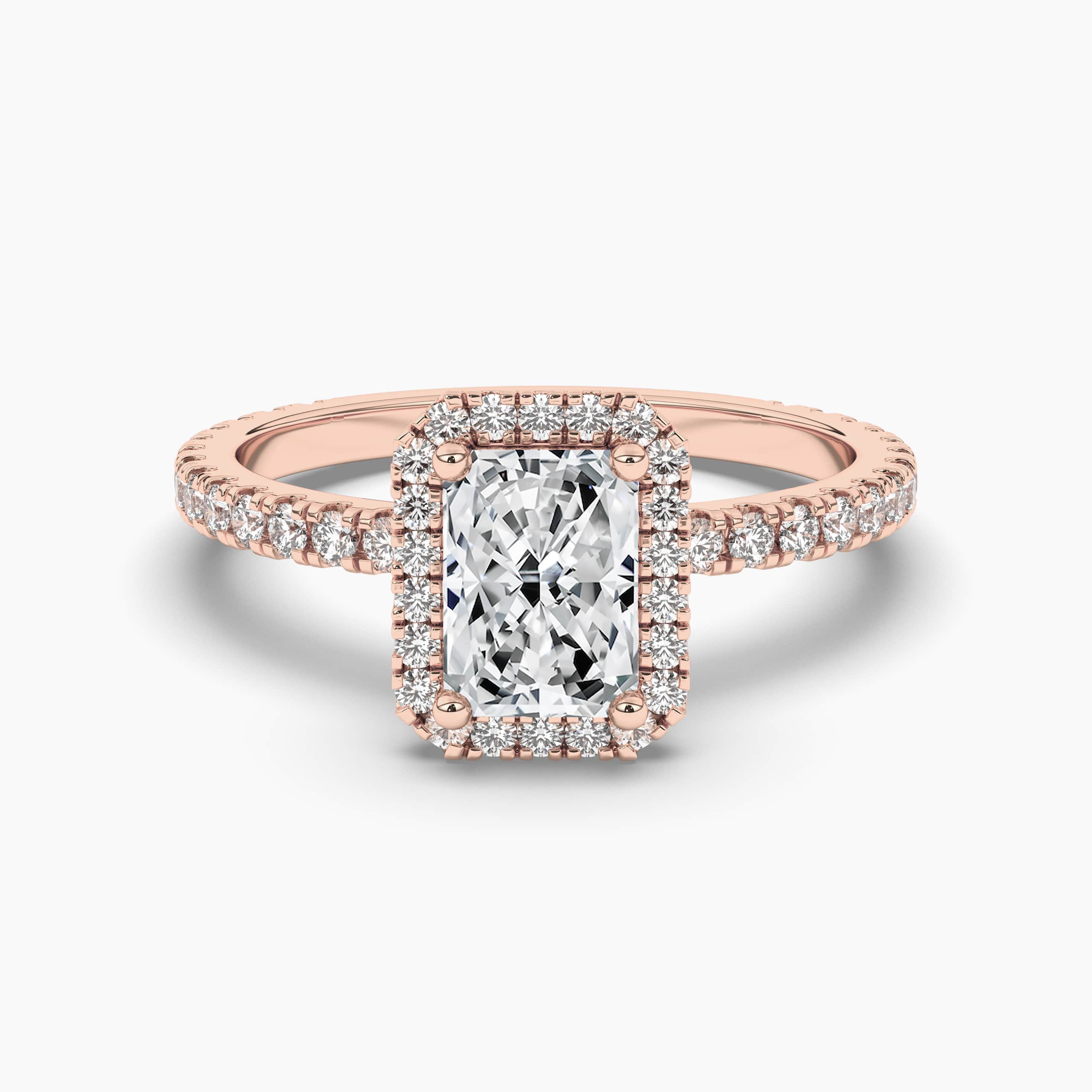 Radiant Cut diamond Halo Engagement Rings with White Diamond in Rose Gold