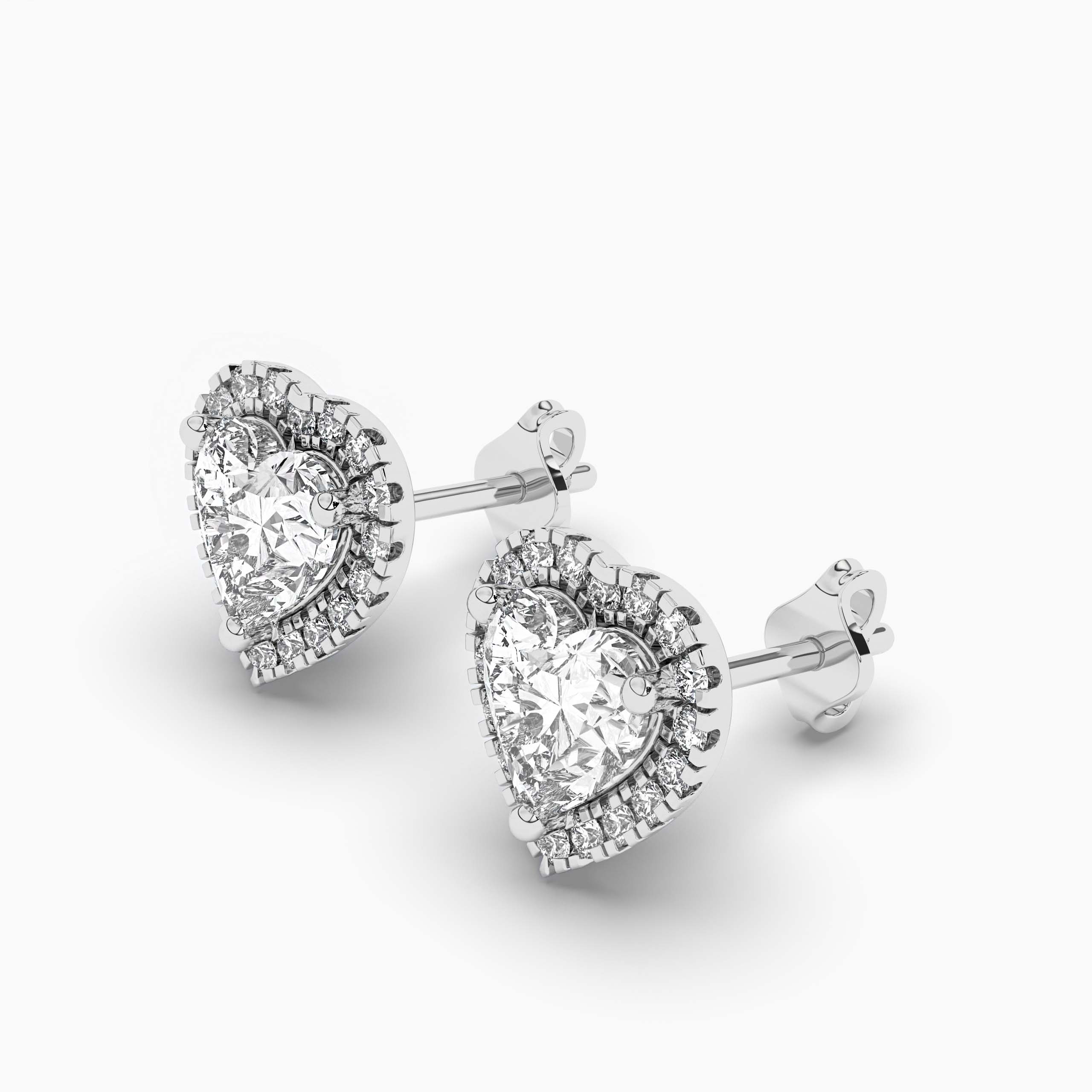 HEART AND DIAMONDS HALO STUD EARRINGS IN WHITE GOLD