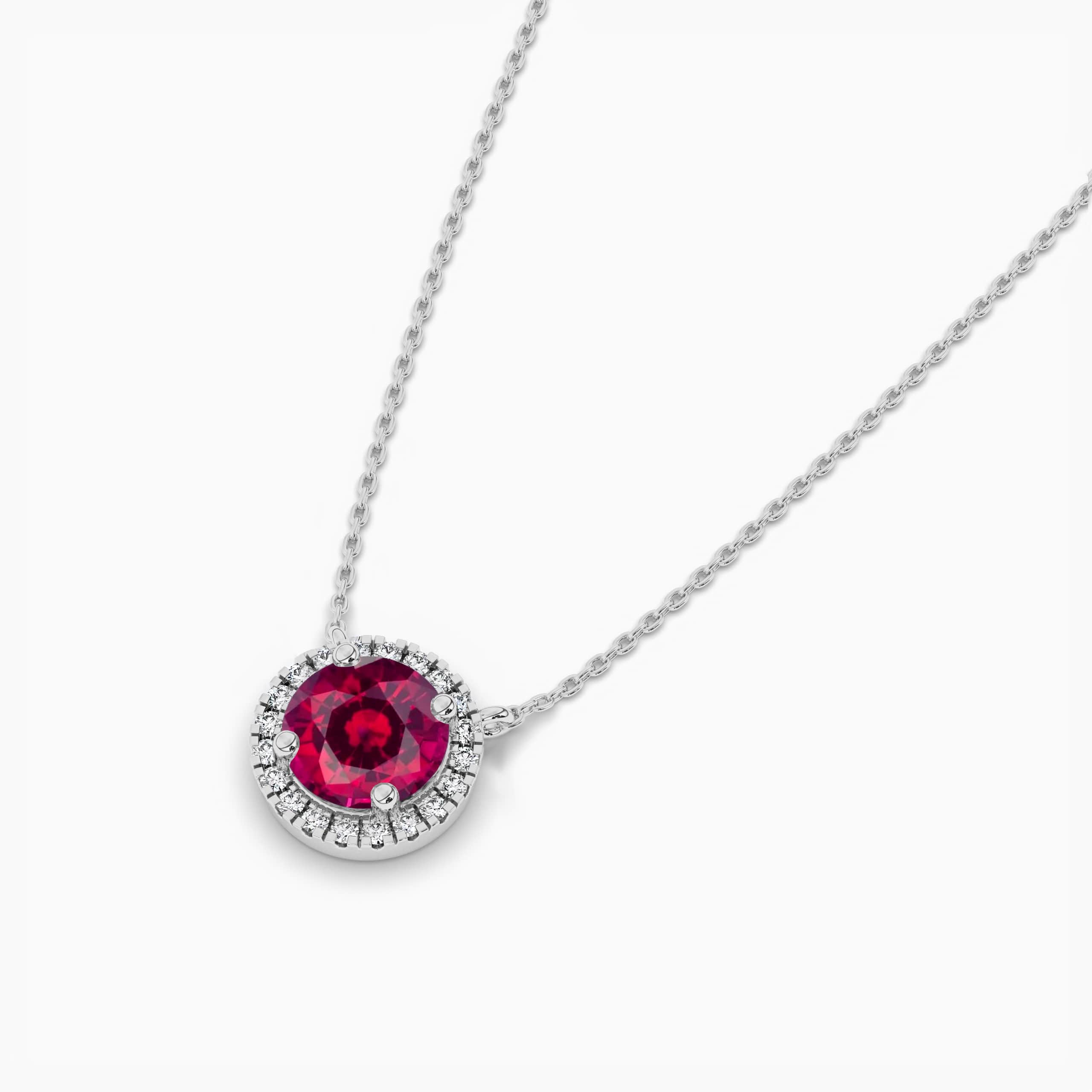 Round Ruby And Diamond Halo Pendant Necklace In White Gold