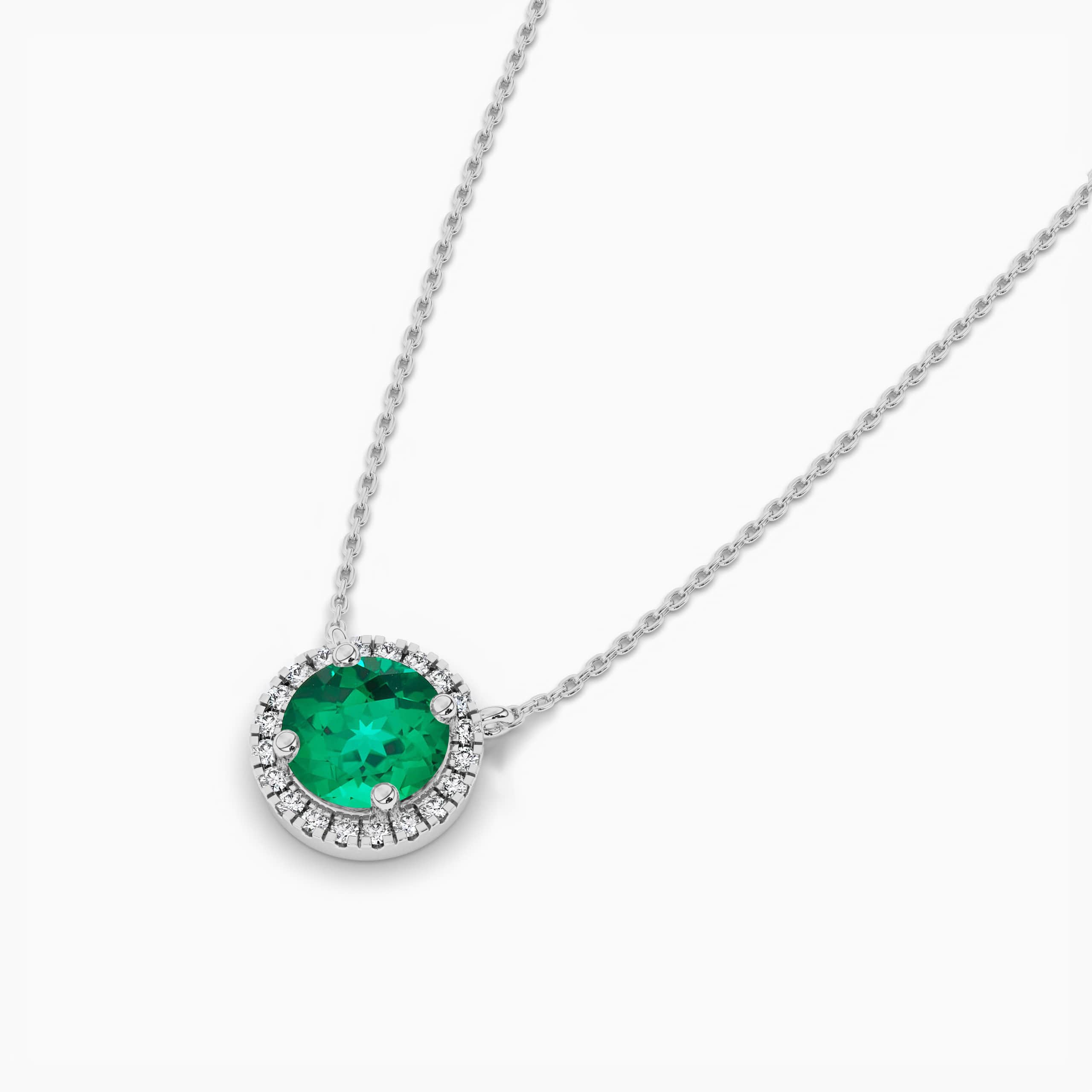 Round Cut Lab-Created Emerald & Diamond Halo Pendant & Chain Necklace in White Gold