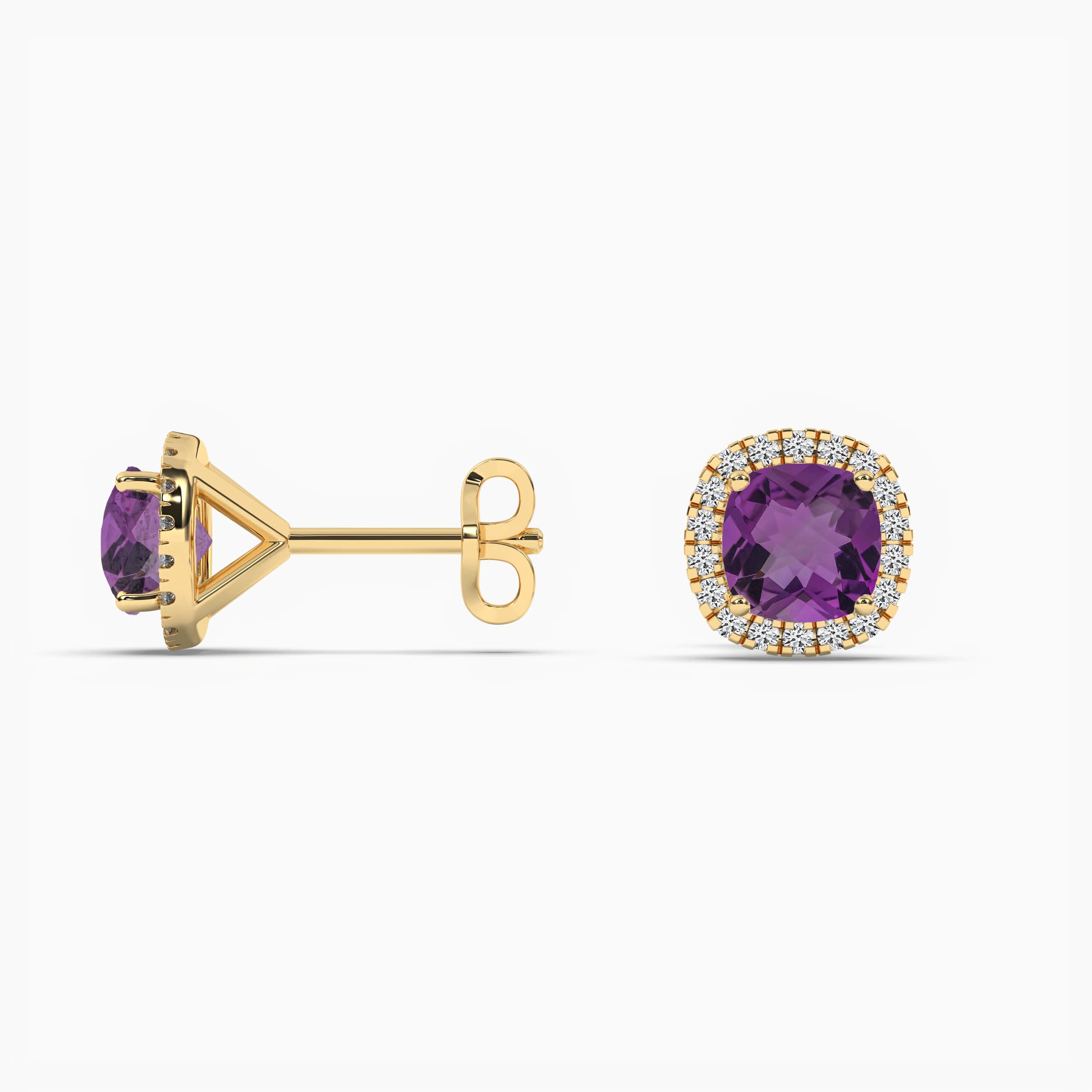 AMETHYST STUDS CUSHION DIAMOND HALO YELLOW GOLD