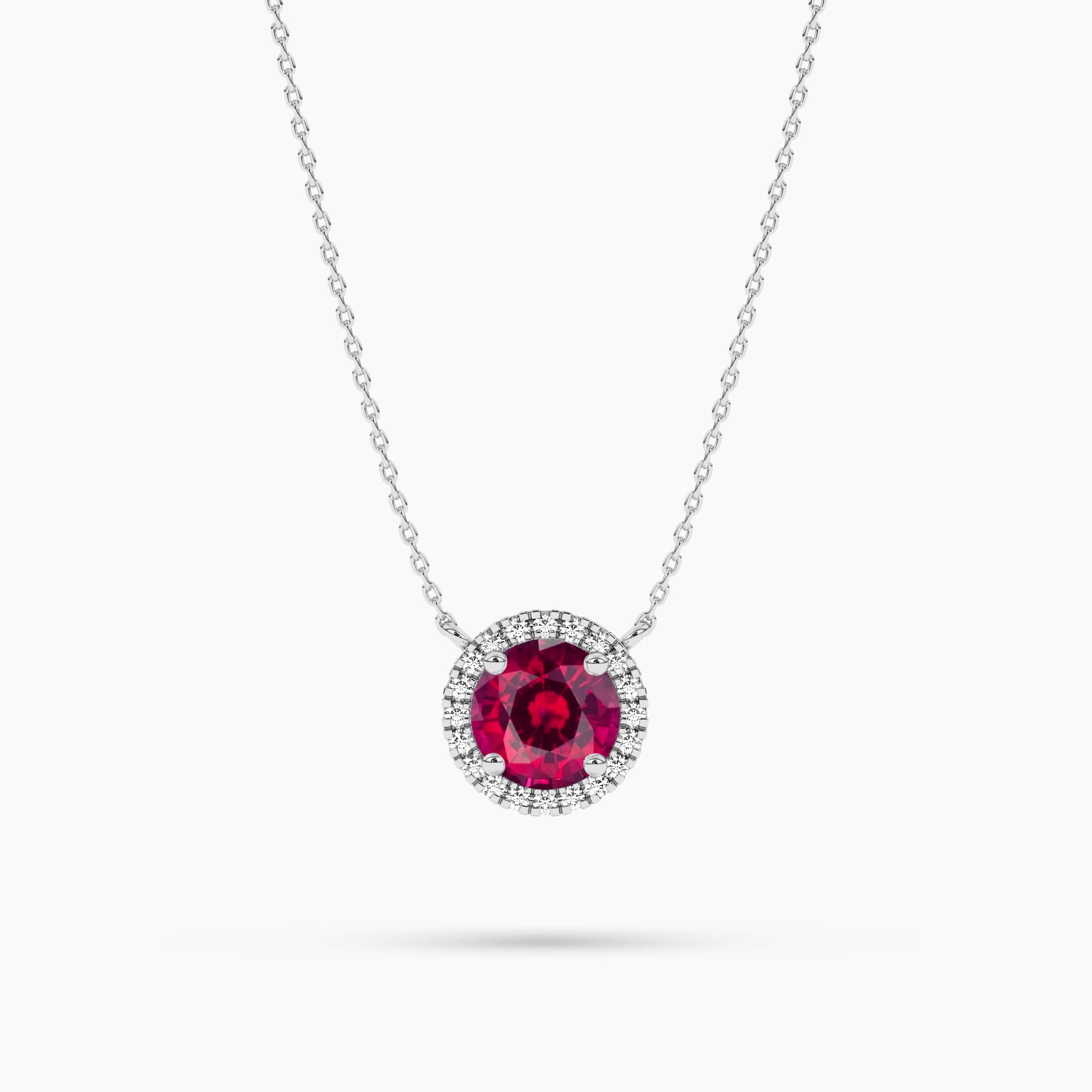 White Gold Round Ruby Diamond Halo Necklace