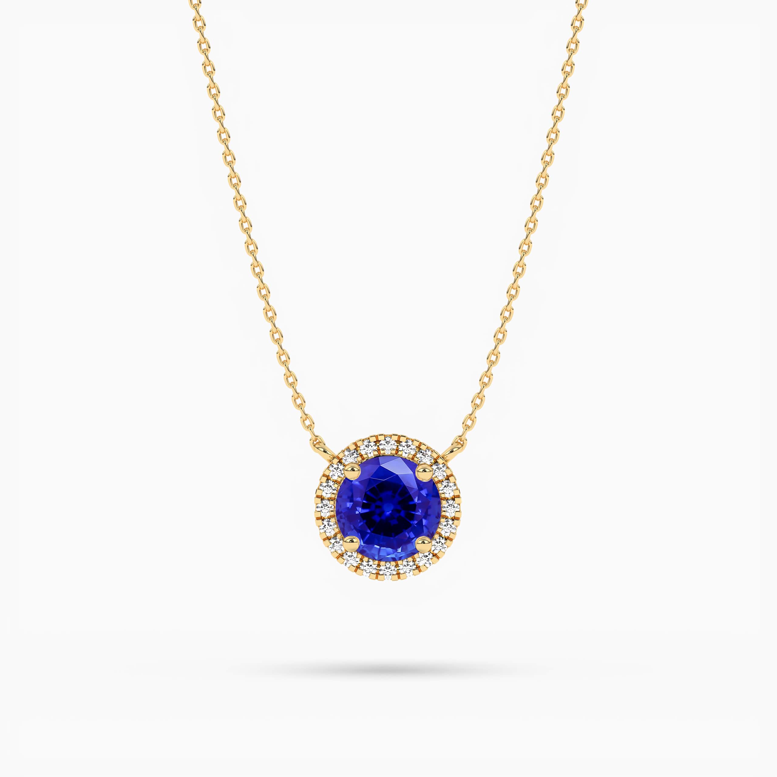 Round Blue Sapphire And Diamond Halo Yellow Gold Pendant