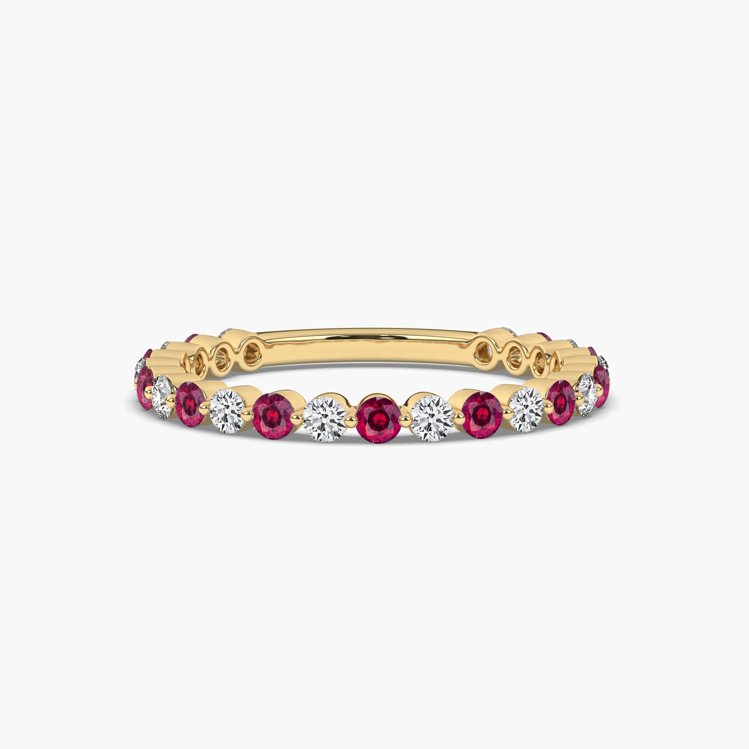 Round Cut Diamond Eternity Band with Red Ruby in Yellow Gold