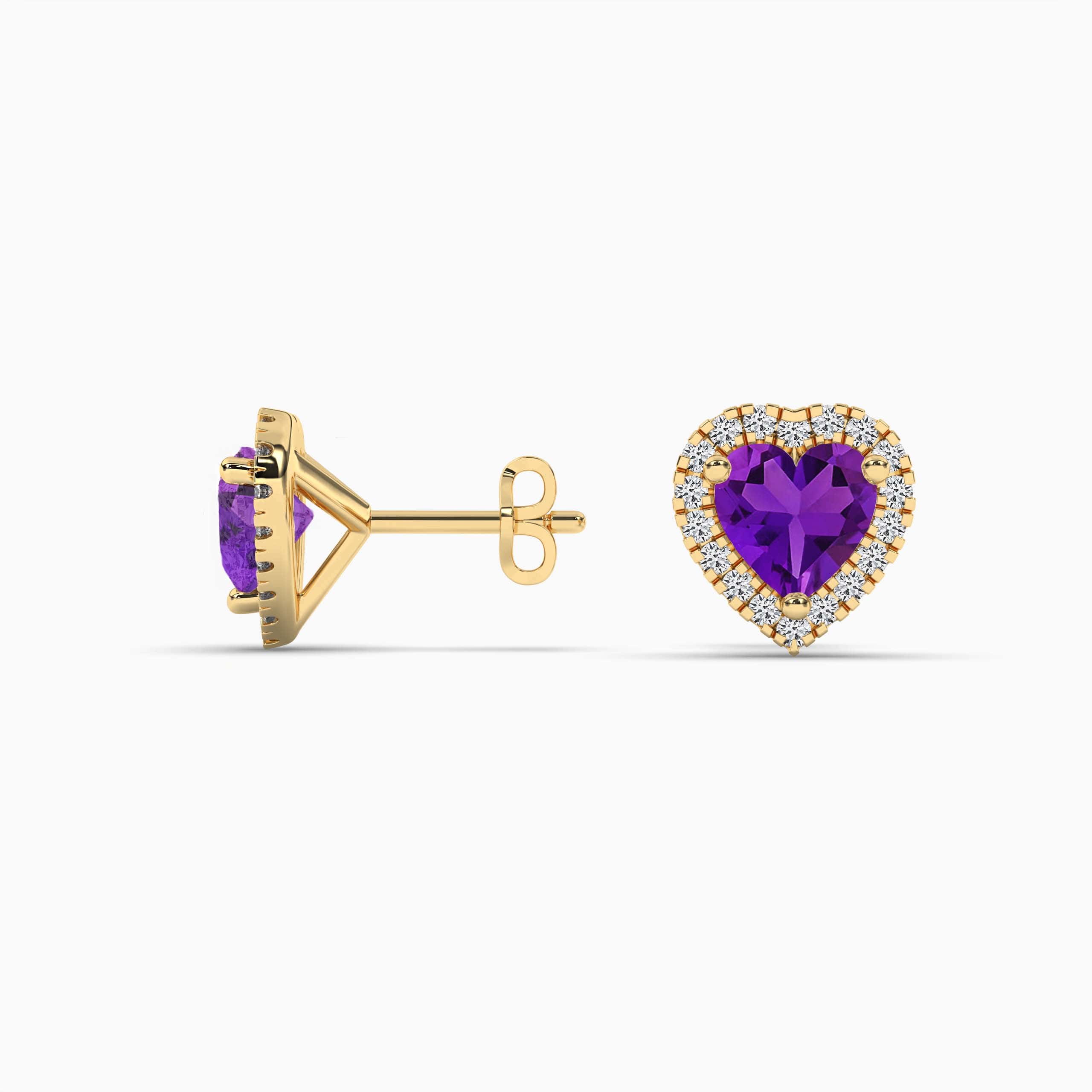 Heart Cut Purple Amethyst Gemstone with Round Diamonds Halo Stud Earrings Yellow Gold