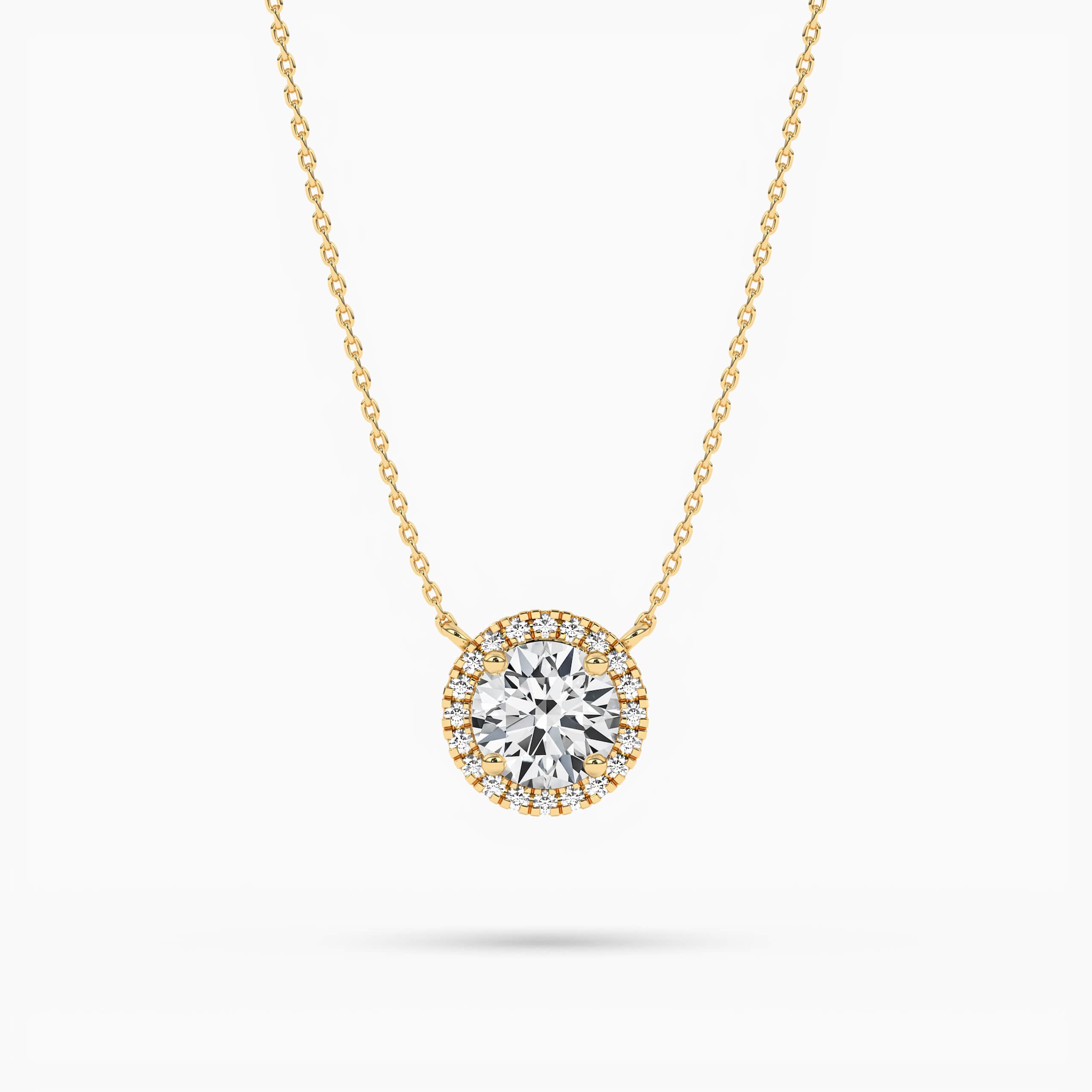 Round Diamond Halo Necklace In Yellow Gold