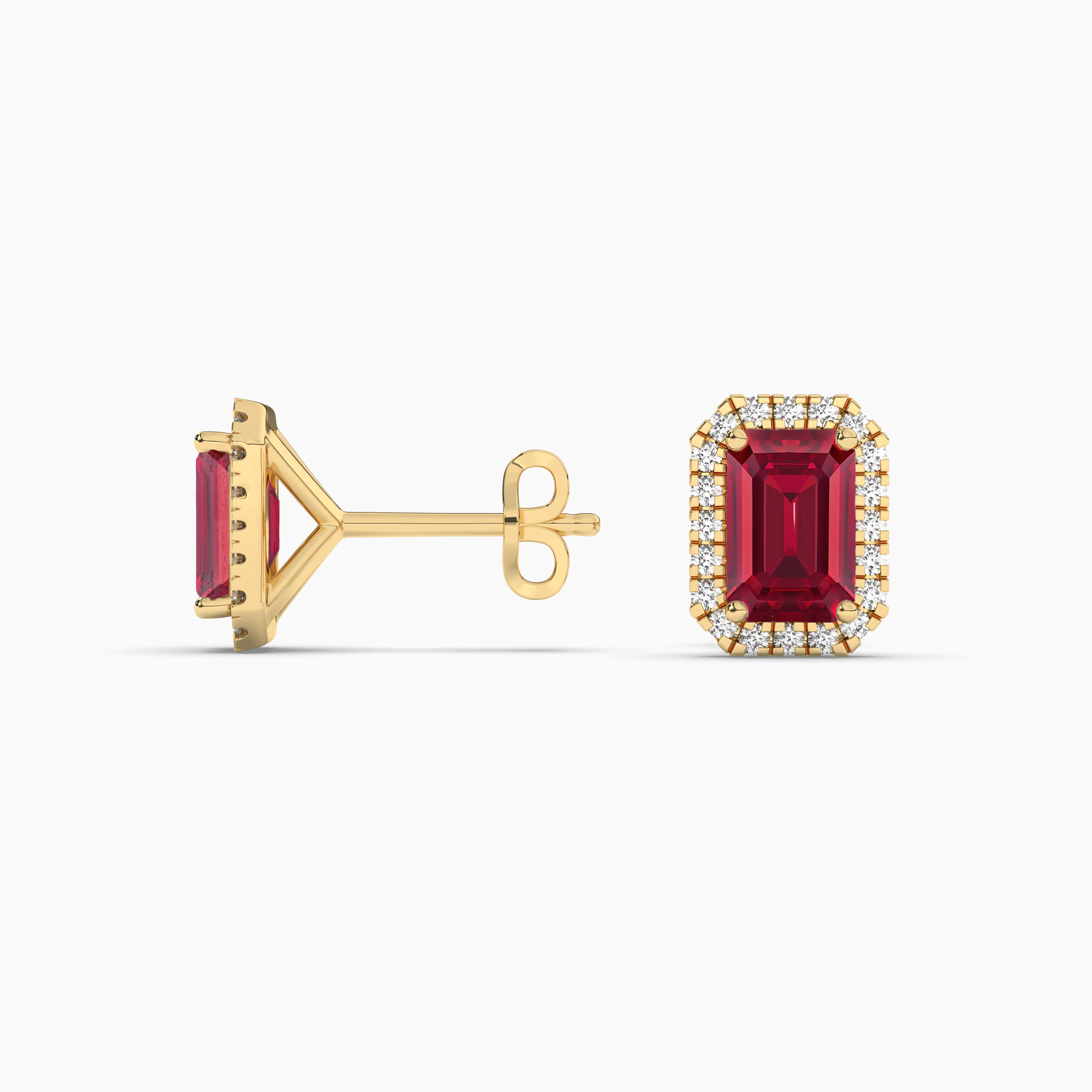 EMERALD CUT RUBY & DIAMOND HALO EARRINGS YELLOW GOLD