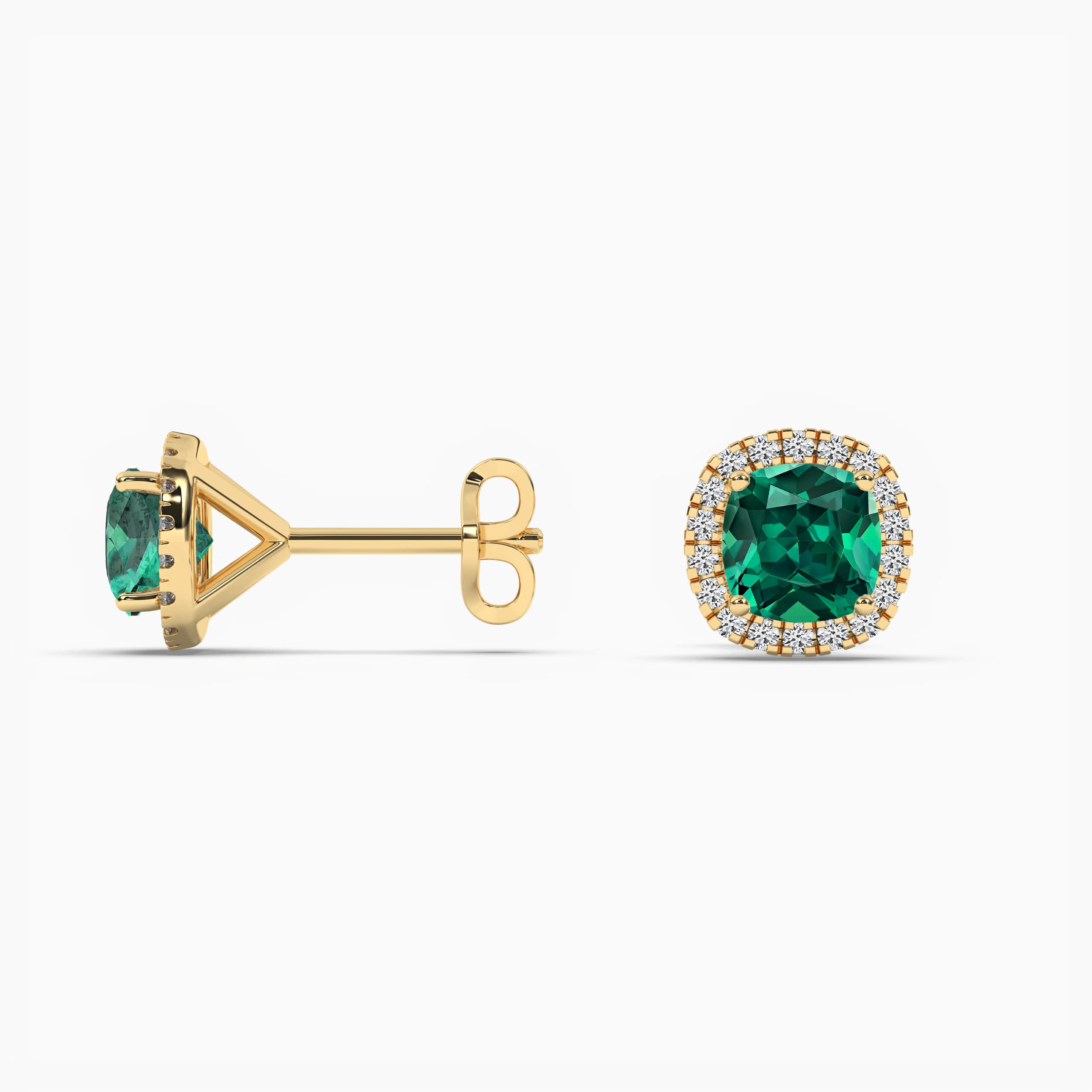 Cushion Cut Emerald and Halo Diamond Stud Earrings In Yellow Gold