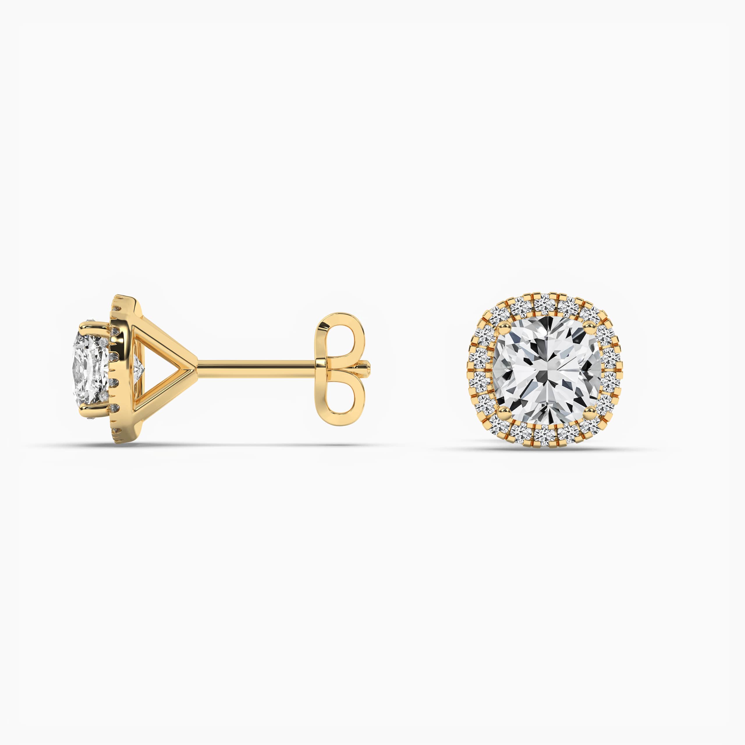Yellow Gold Cushion Halo Cluster Stud Earrings
