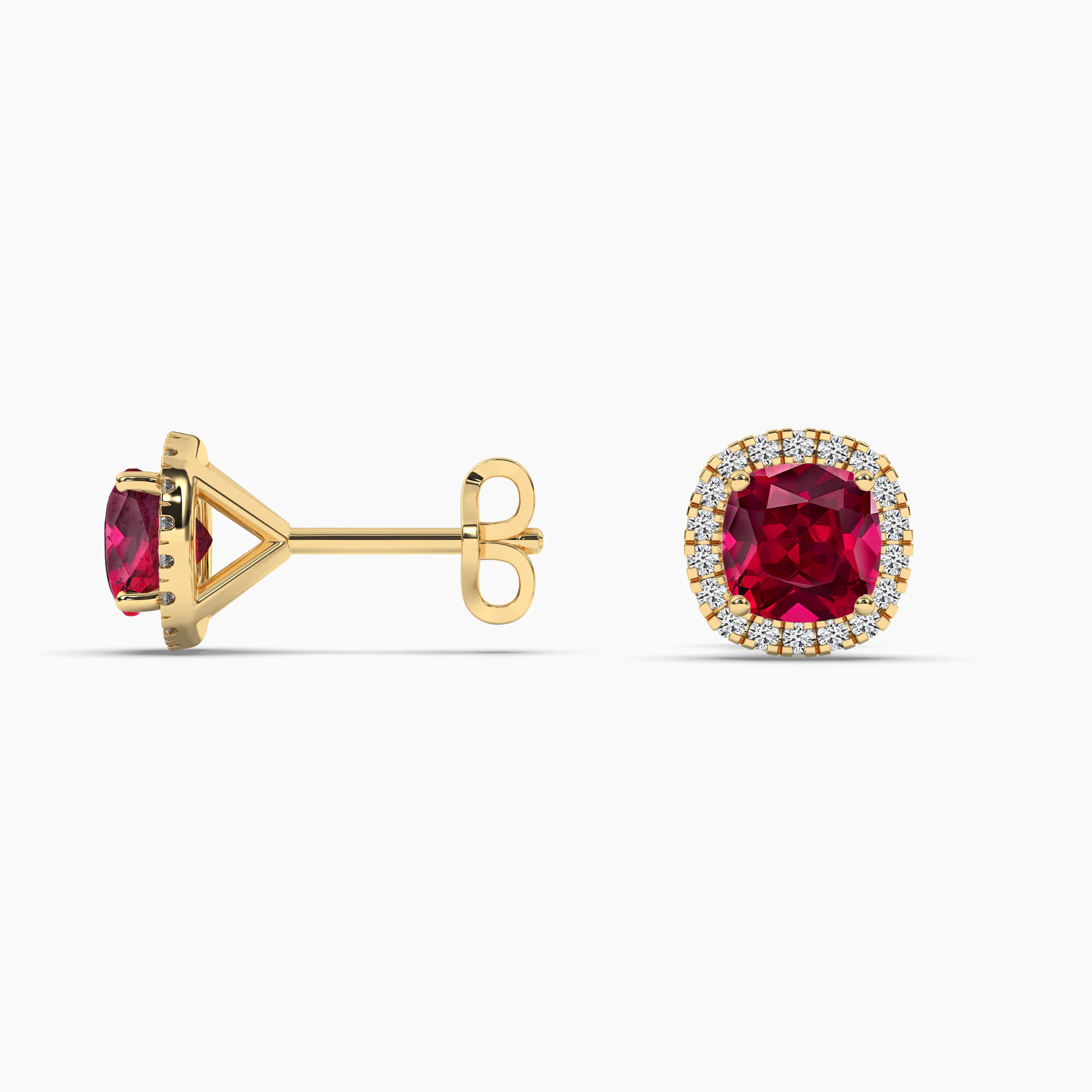 Yellow Gold Diamond Halo And Ruby Earrings