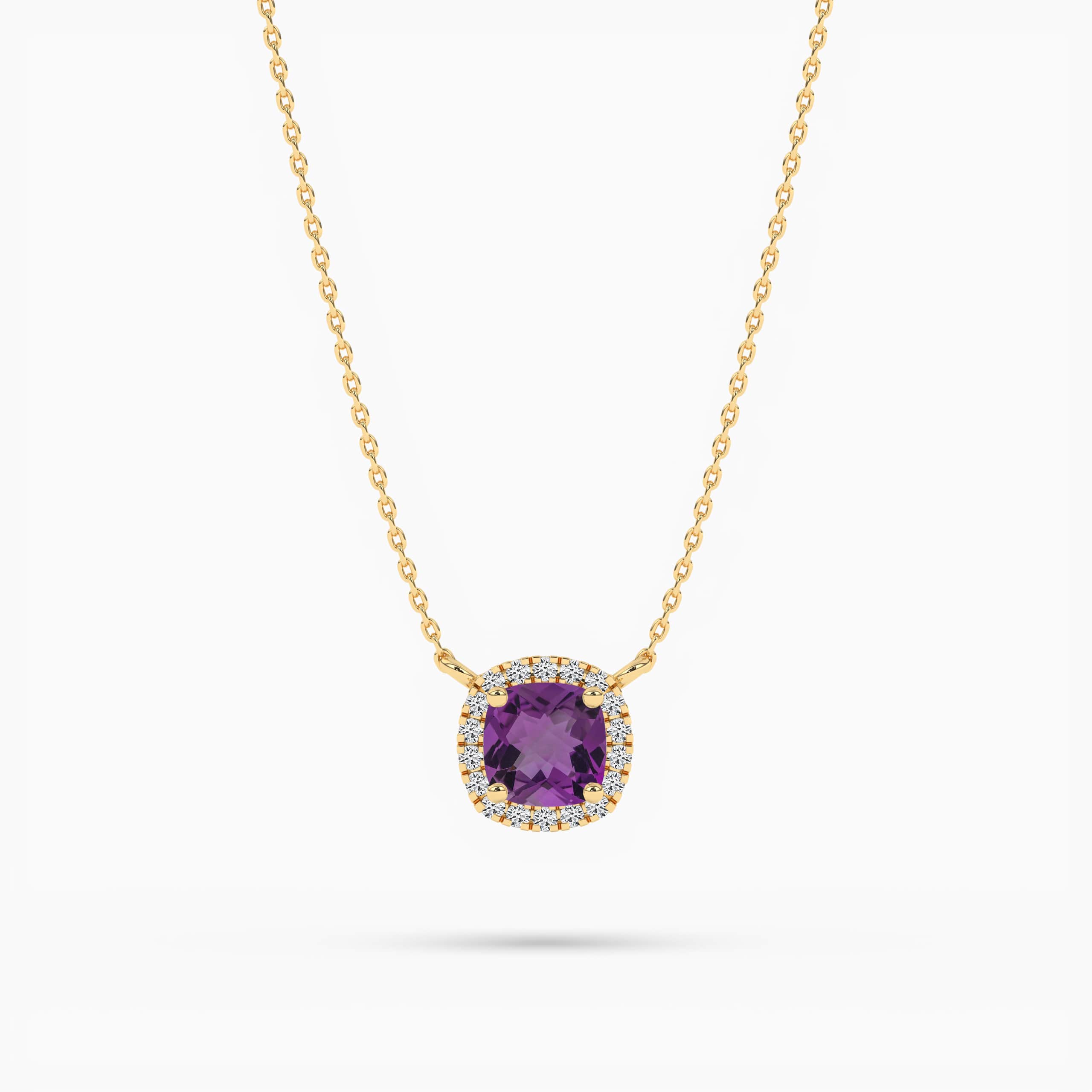 Amethyst Necklace Gold Diamond Halo Necklace Cushion Cut Gemstone Handmade Necklace For Her