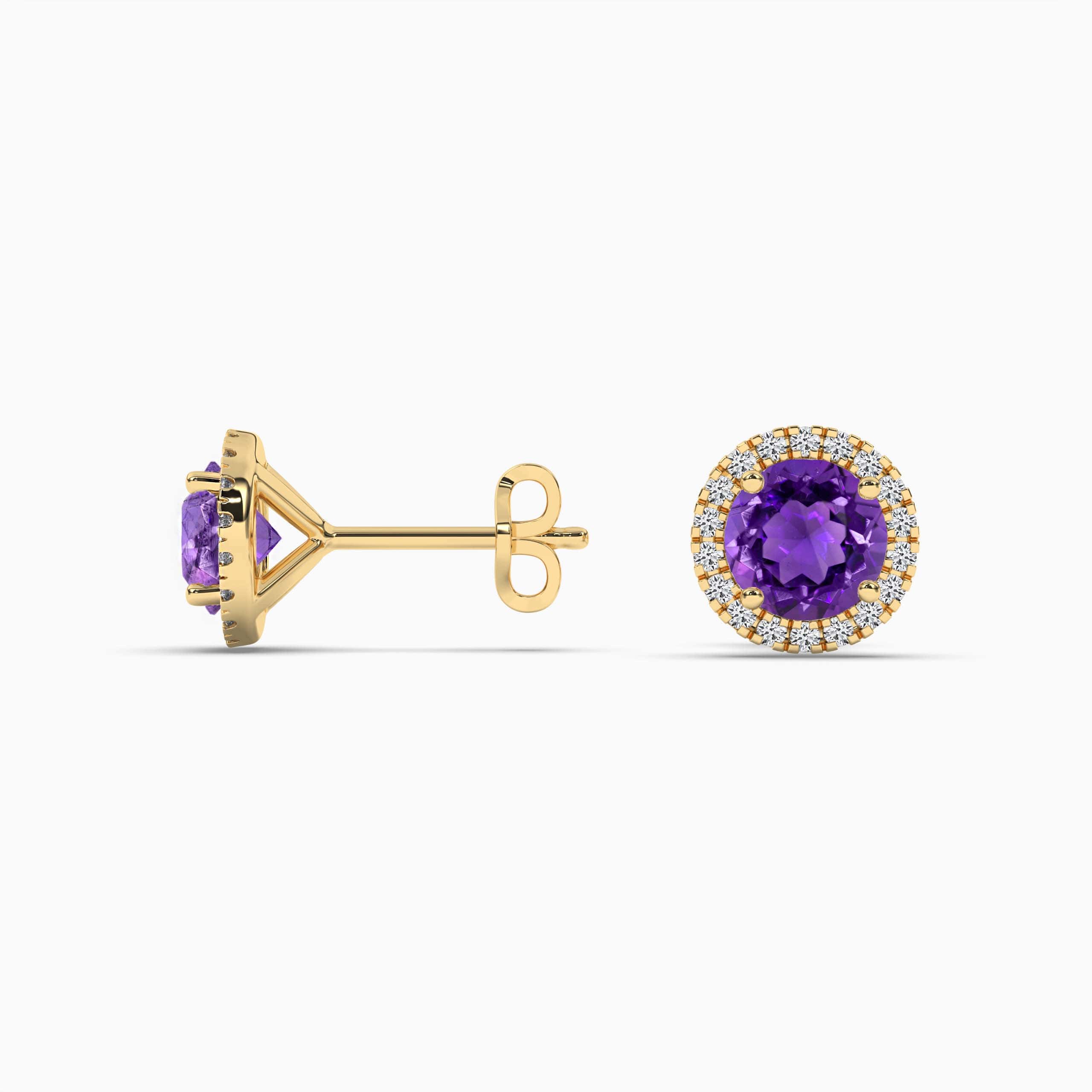 Amethyst Earrings Halo Diamond Setting, Yellow Gold