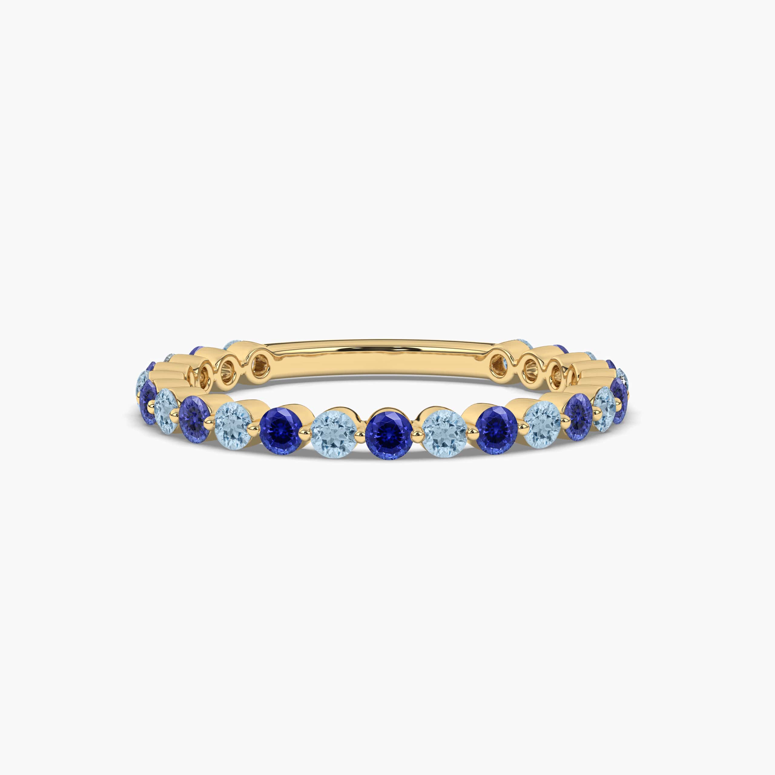 ROUND CUT ETERNITY AQUAMARINE  & BLUE SAPPHIRE RING BAND YELLOW GOLD