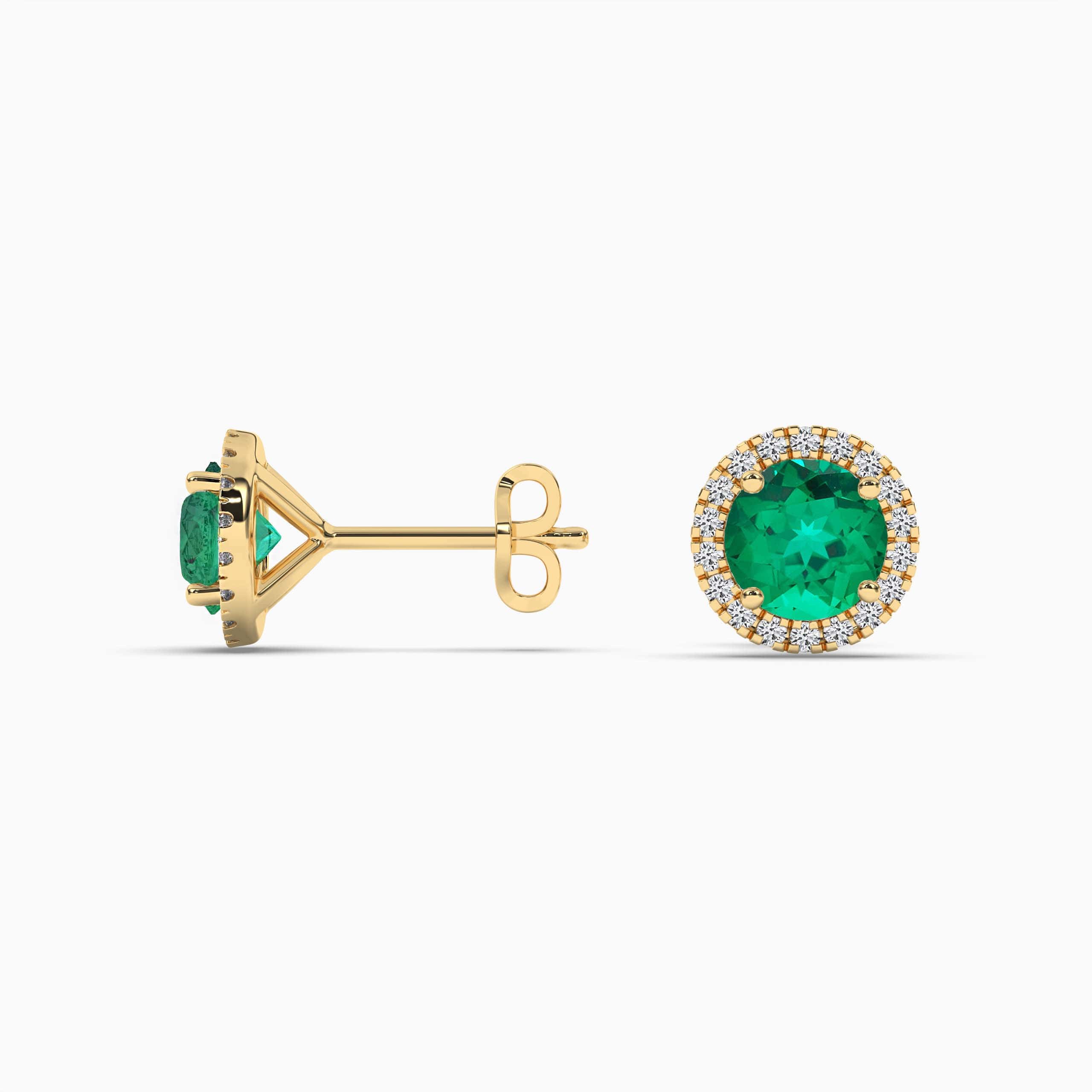 Natural Emerald Halo Earrings Round Yellow Gold