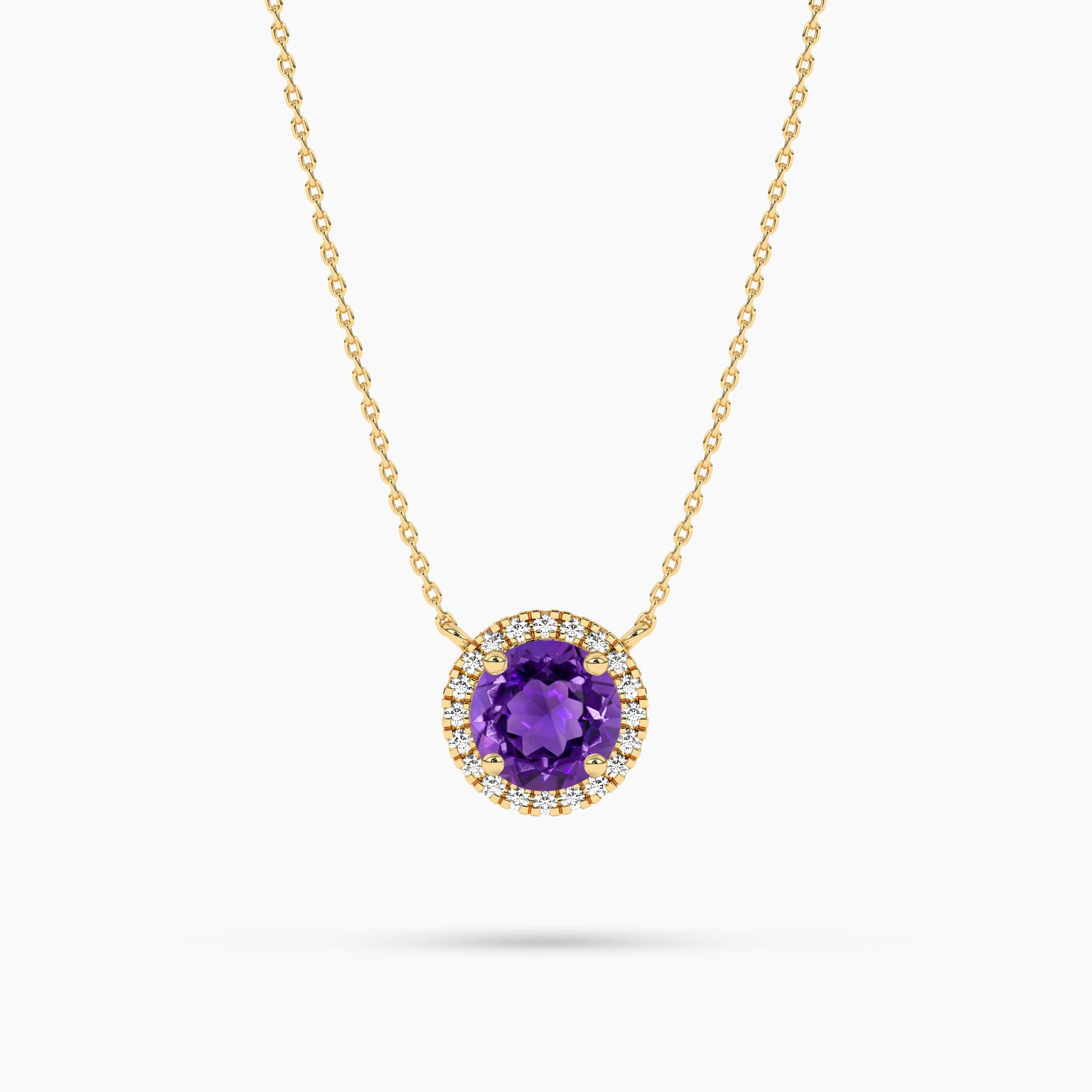 Round Amethyst & Diamond Halo Pendant in Yellow Gold