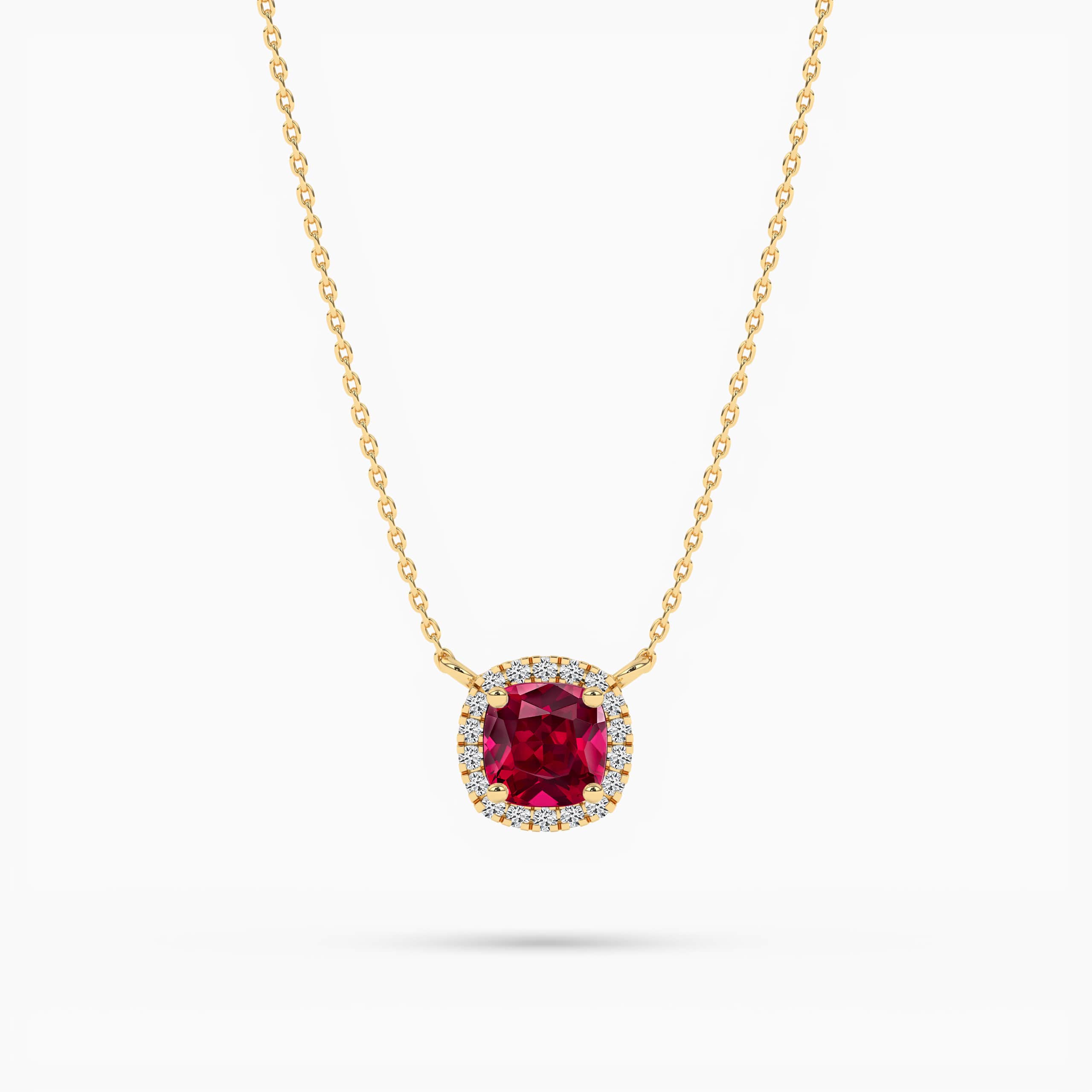 Yellow Gold Diamond and Cushion Cut Ruby Halo Pendant Necklace 