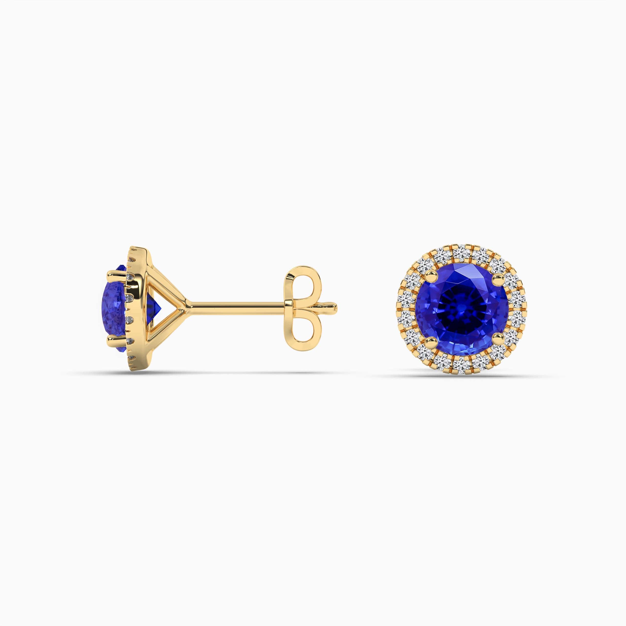 Round Blue Sapphire and Diamond Halo Yellow Gold Earrings