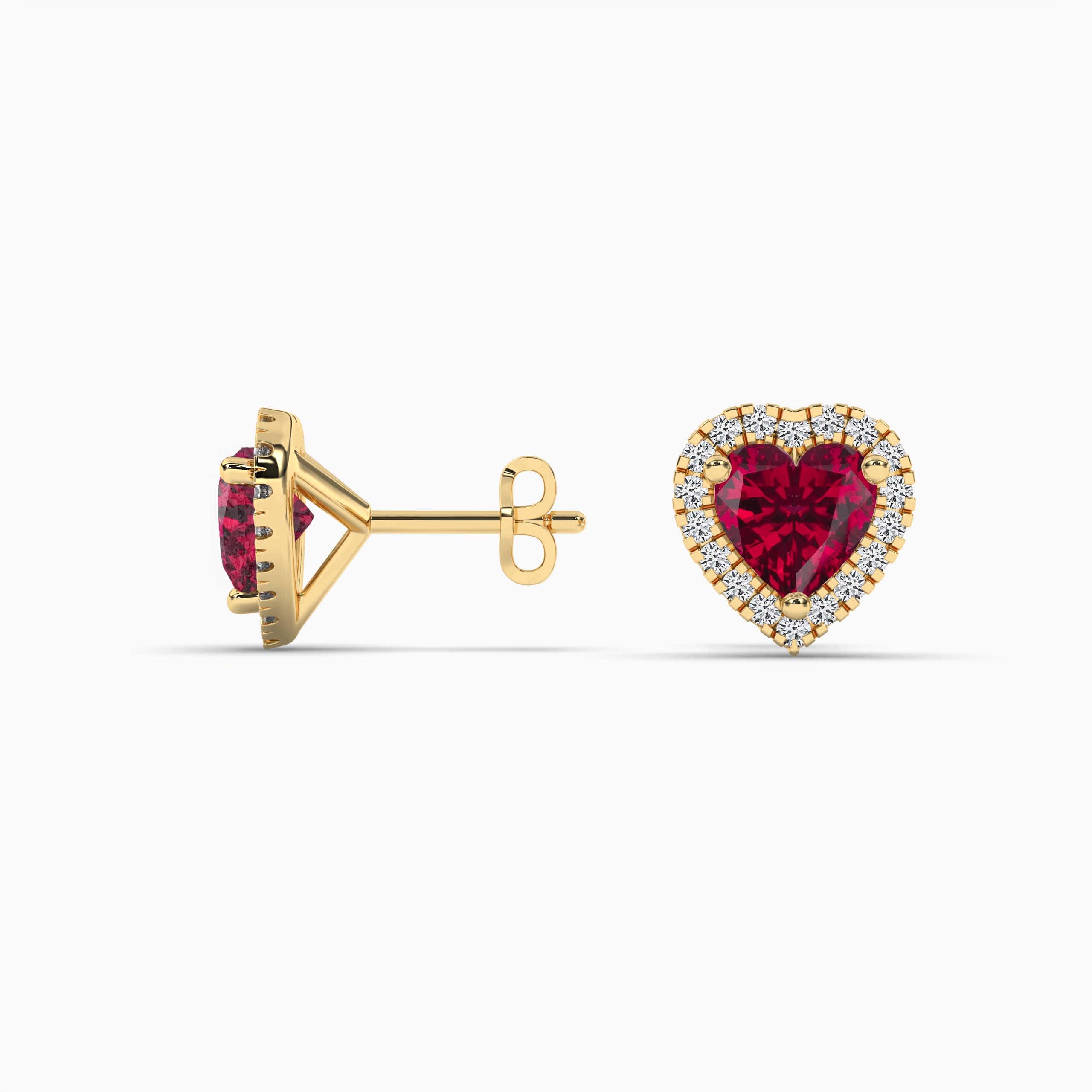 Yellow Gold & Red Ruby Heart Halo Design Diamond Cut Stud Earrings