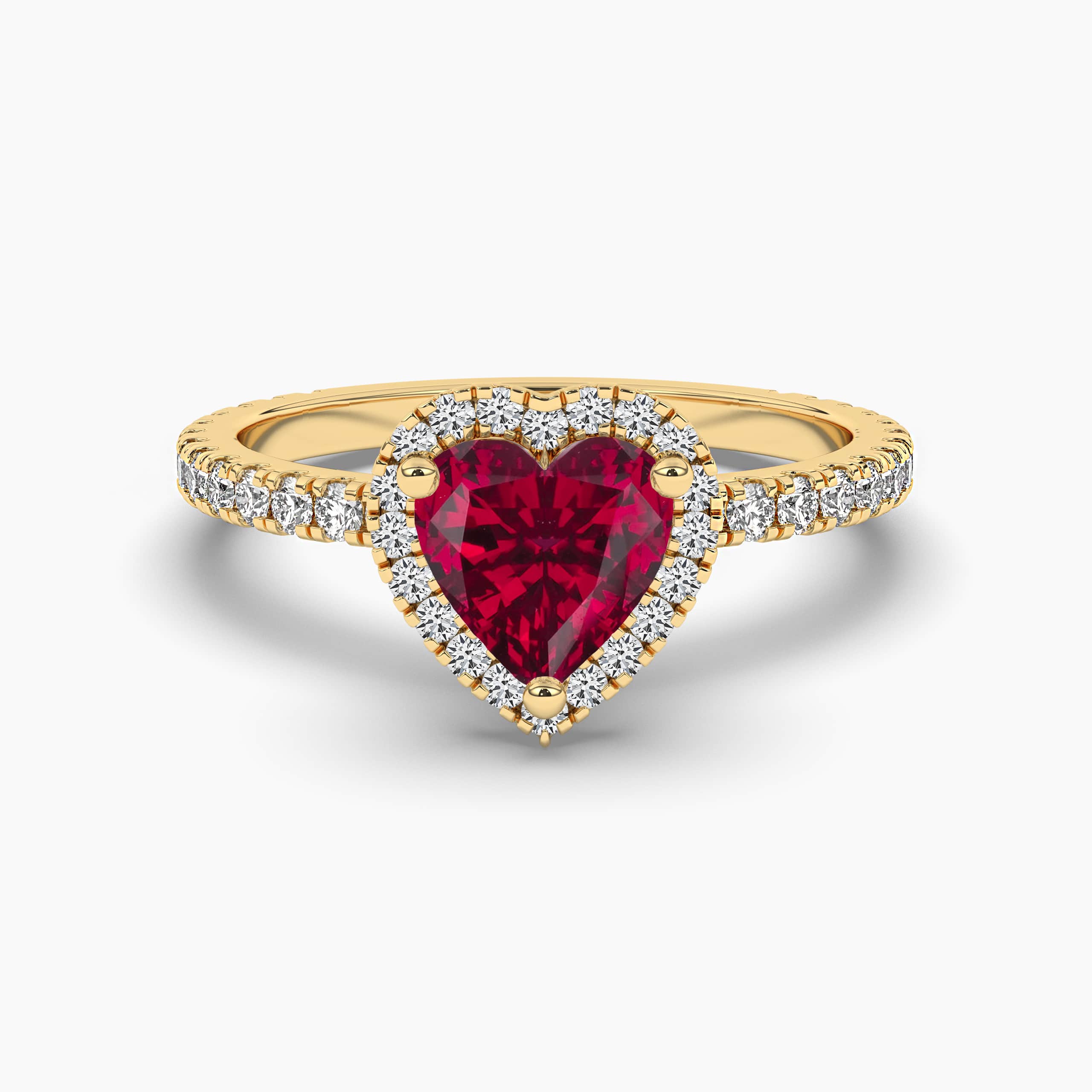 Heart Cut Engagement Rings with Red Ruby in Yellow Gold