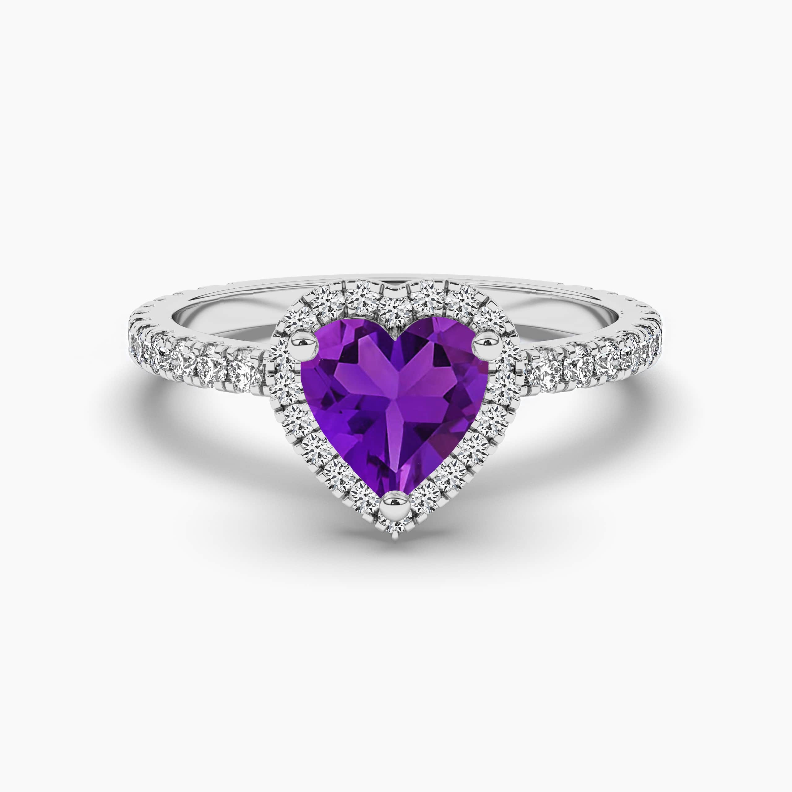 White Gold Diamond and Amethyst Double Heart Ring