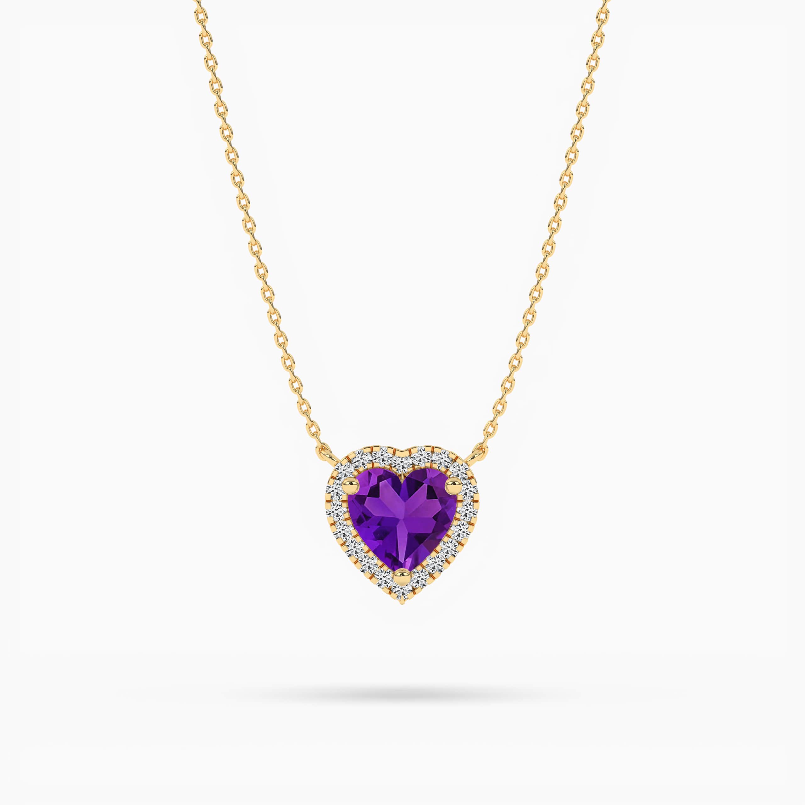 Heart Cut Purple Amethyst Halo Style Pendant Necklace For Women In Yellow Gold