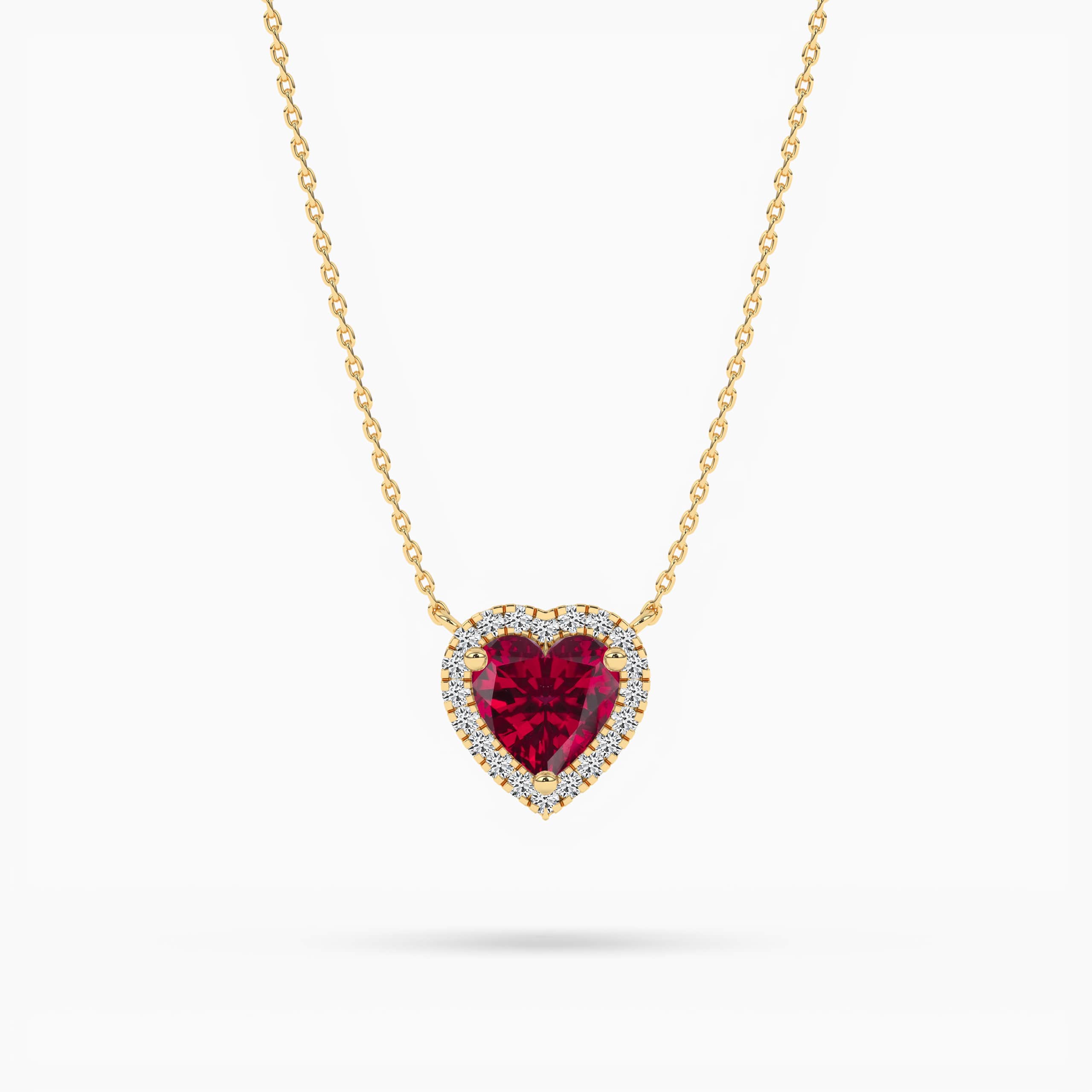 Yellow Gold Heart Shaped Ruby Diamond Halo Necklace