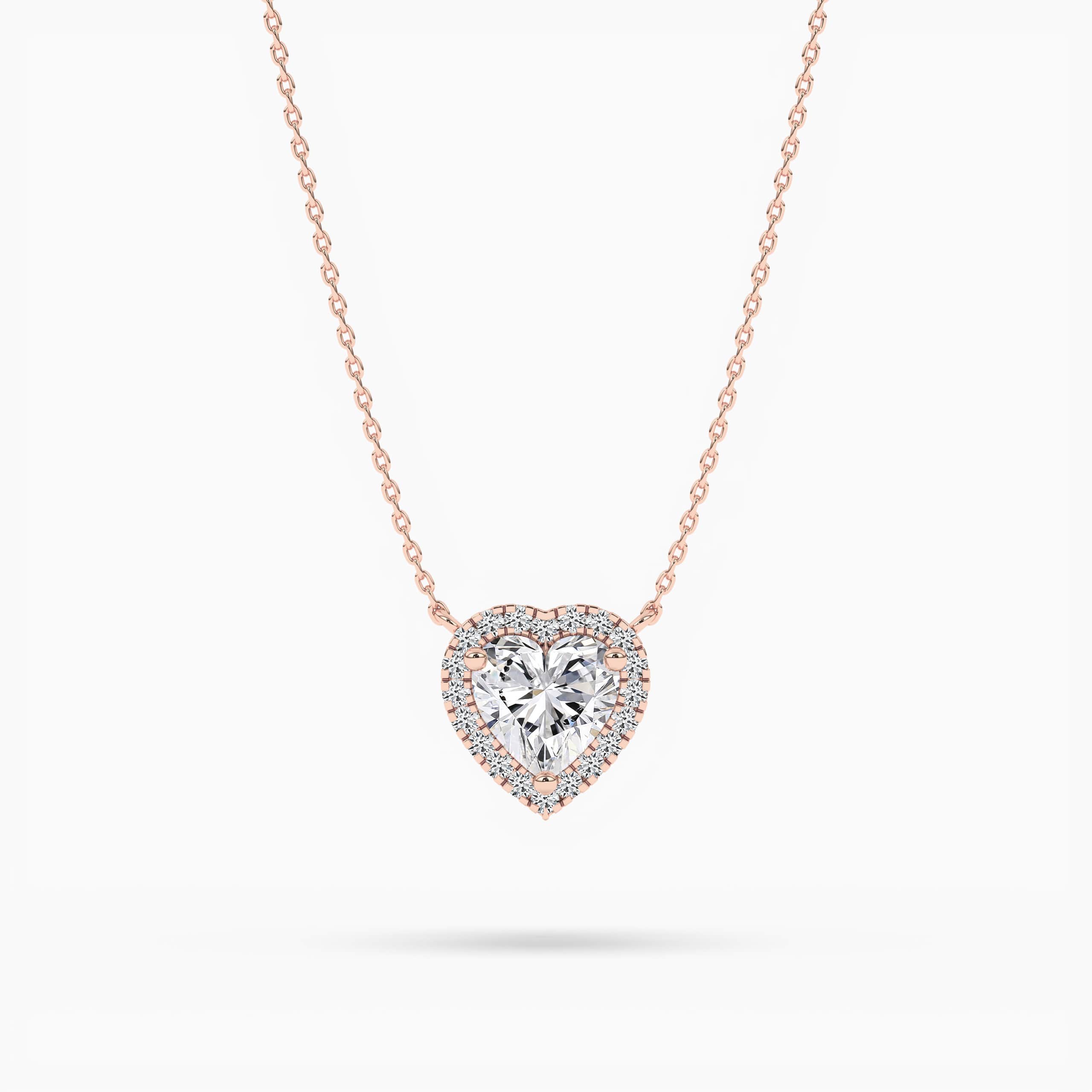Heart-Cut moissanite  and  Diamond Halo Necklace in Rose Gold