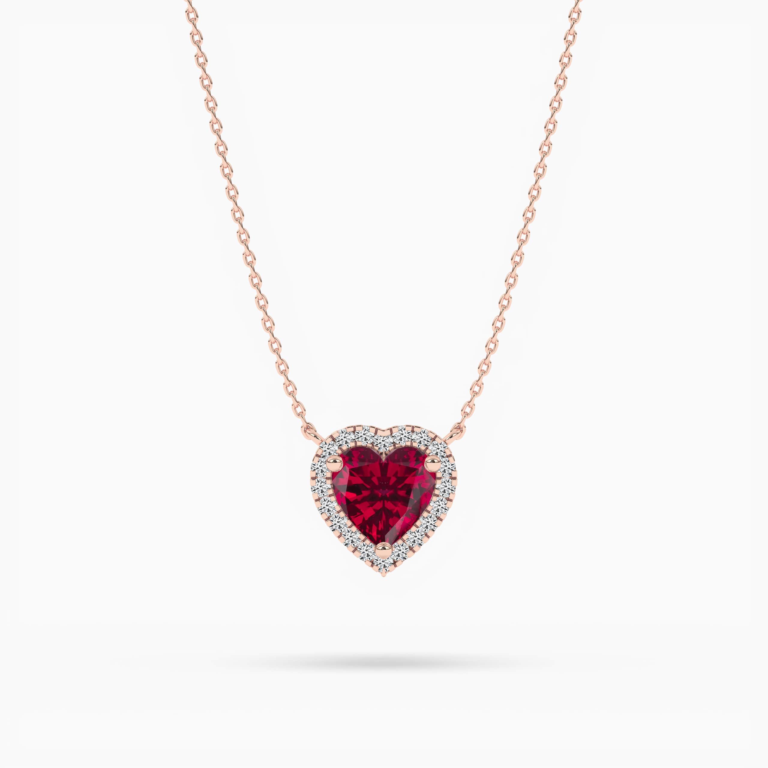 Rose Gold Heart Cut Ruby Diamond Halo Pendant Necklace