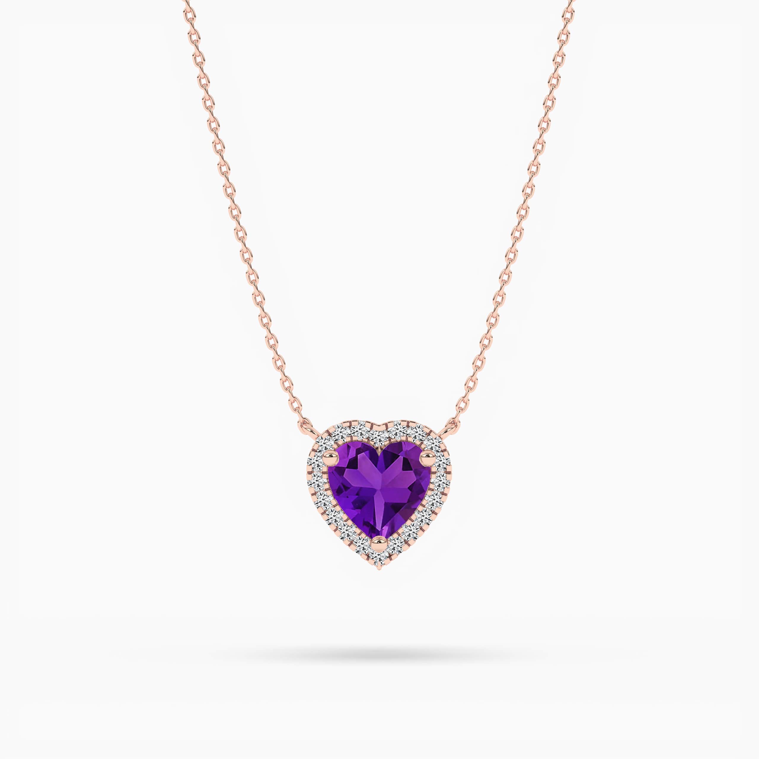 Heart Shape Amethyst And Diamond Halo Pendant in Rose Gold