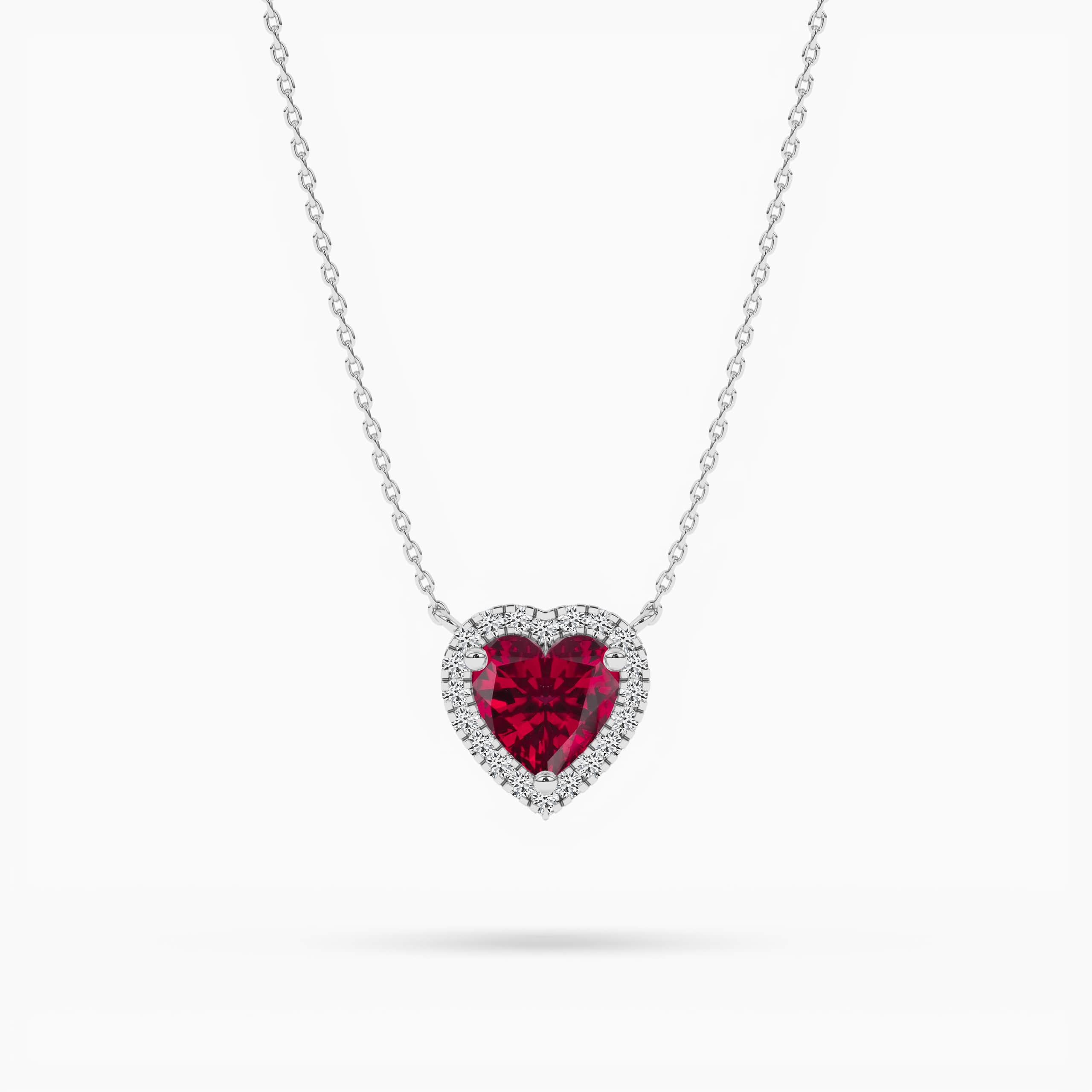 WHITE GOLD HEART SHAPE HALO RUBY NECKLACE