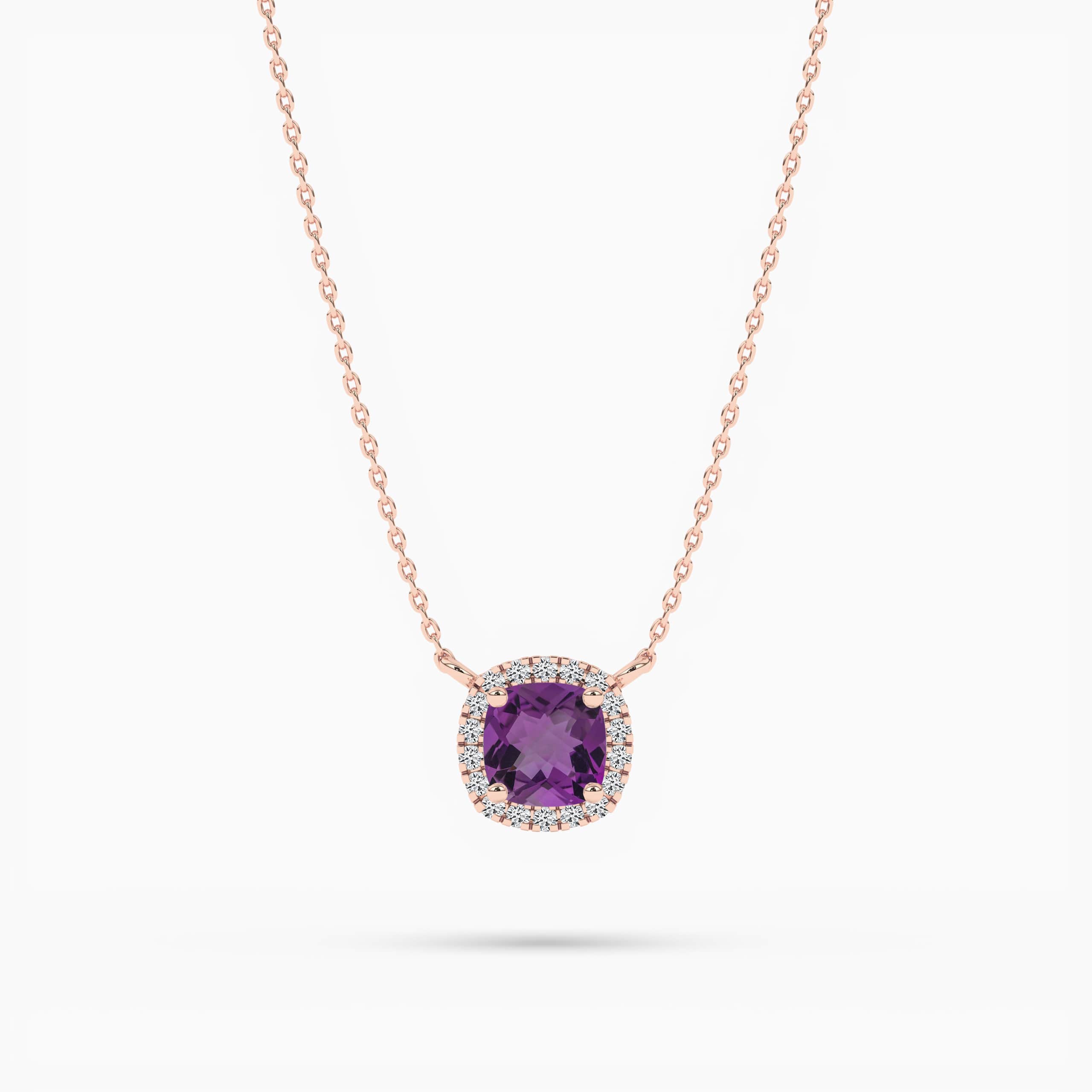 Amethyst Round-Cut Diamond Rose Gold Rectangular Halo Necklace