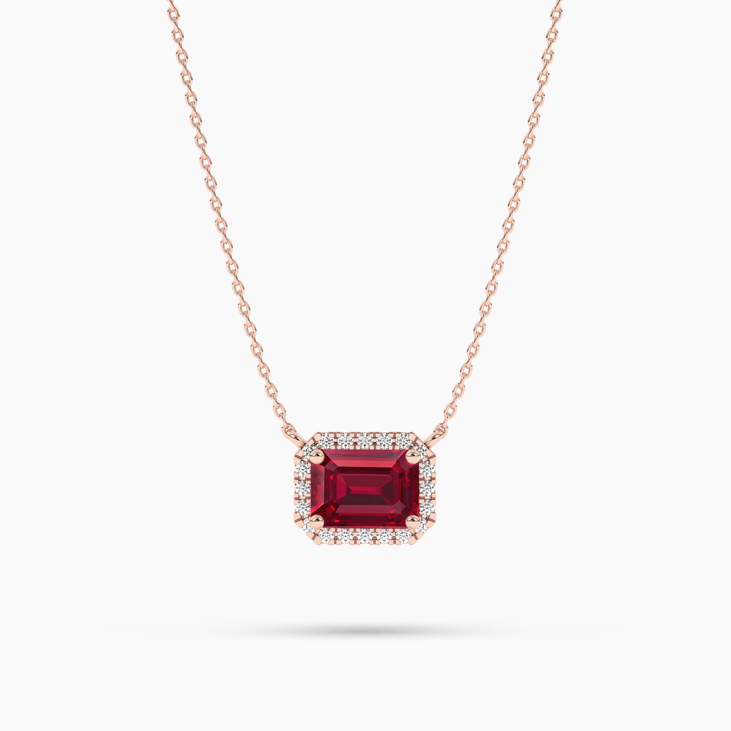 Emerald Ruby Diamond Halo Rose Gold Pendant Necklace