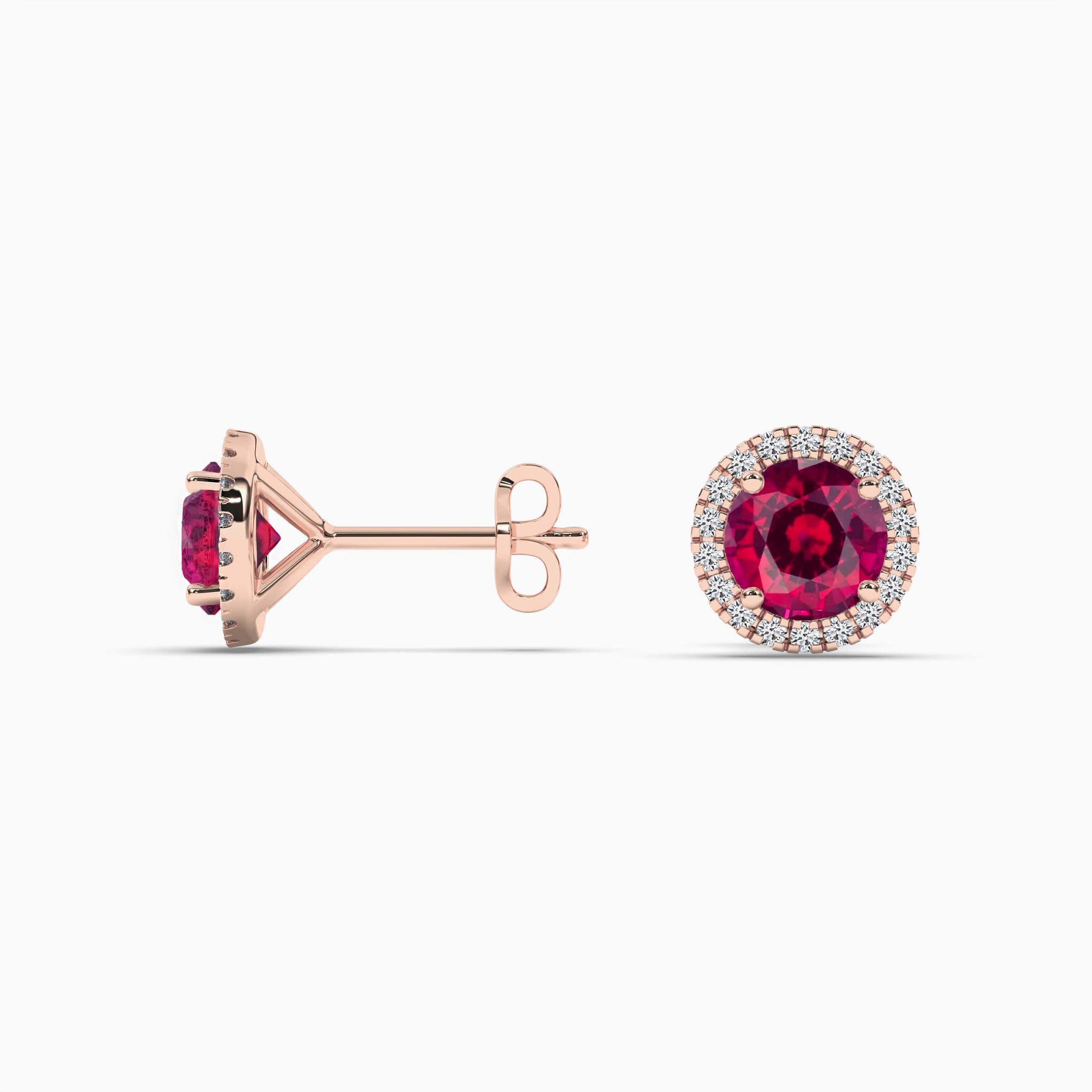 Round Ruby Halo Stud Earrings Rose Gold Ruby Studs  Gold Ruby Earrings