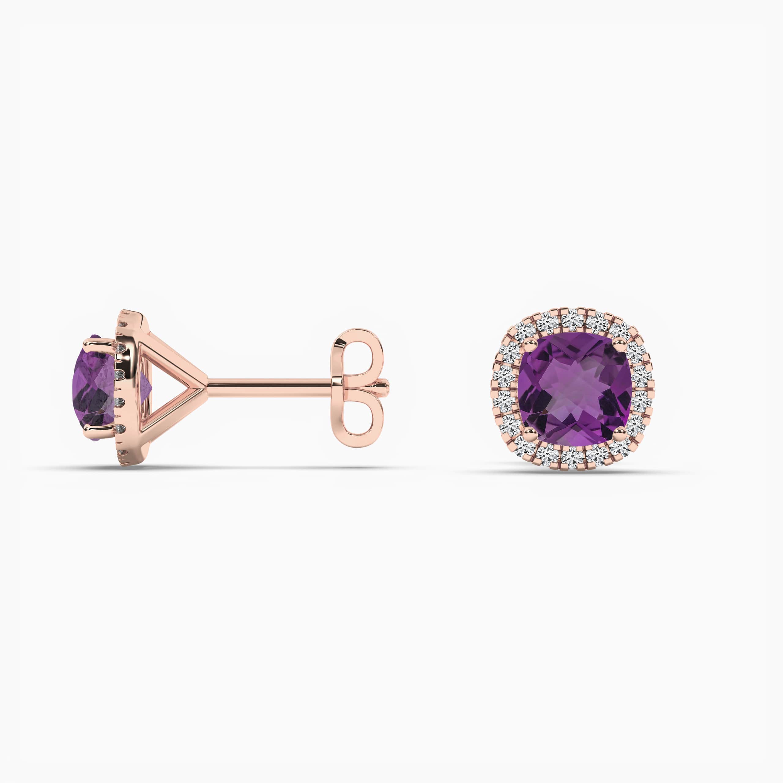 AMETHYST STUDS CUSHION DIAMOND HALO ROSE GOLD