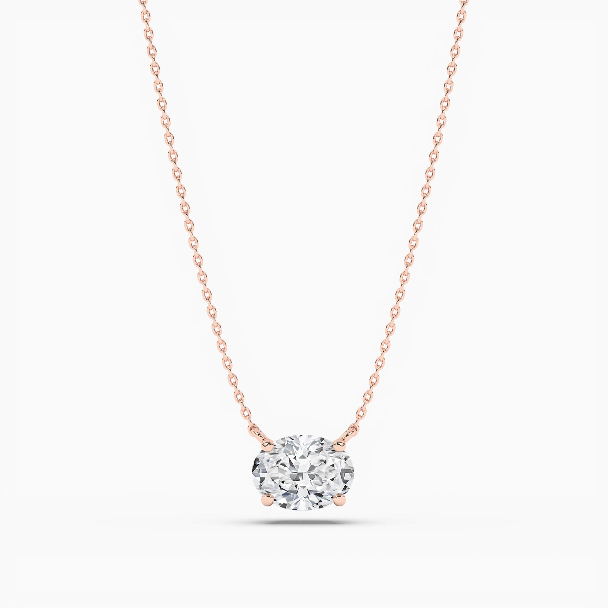  Rose Gold Oval Cut Diamond Solitaire Bezel Pendant Necklace