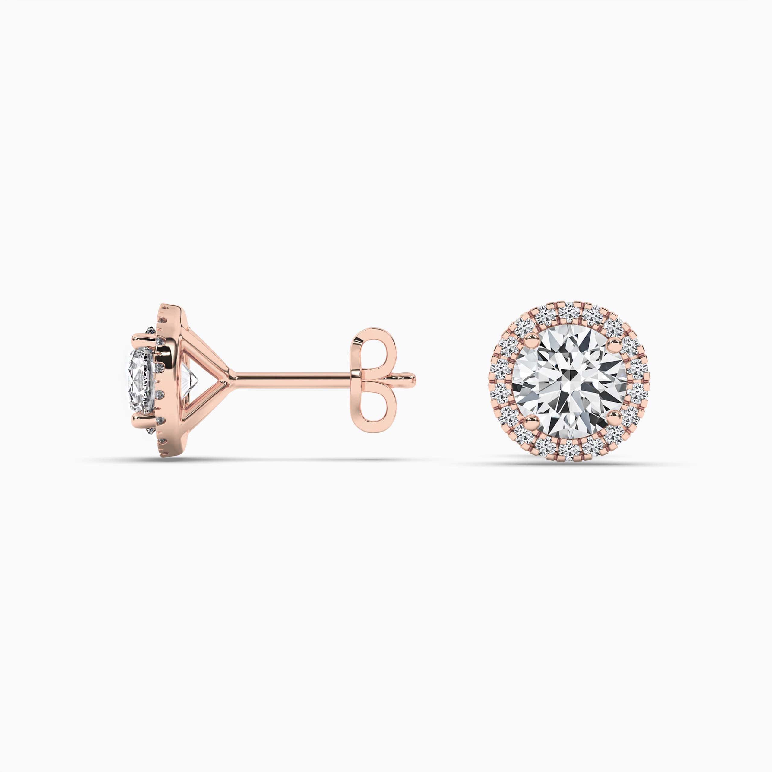 Round Cut Moissanite Milgrain Channel Halo Stud Earrings in Rose Gold