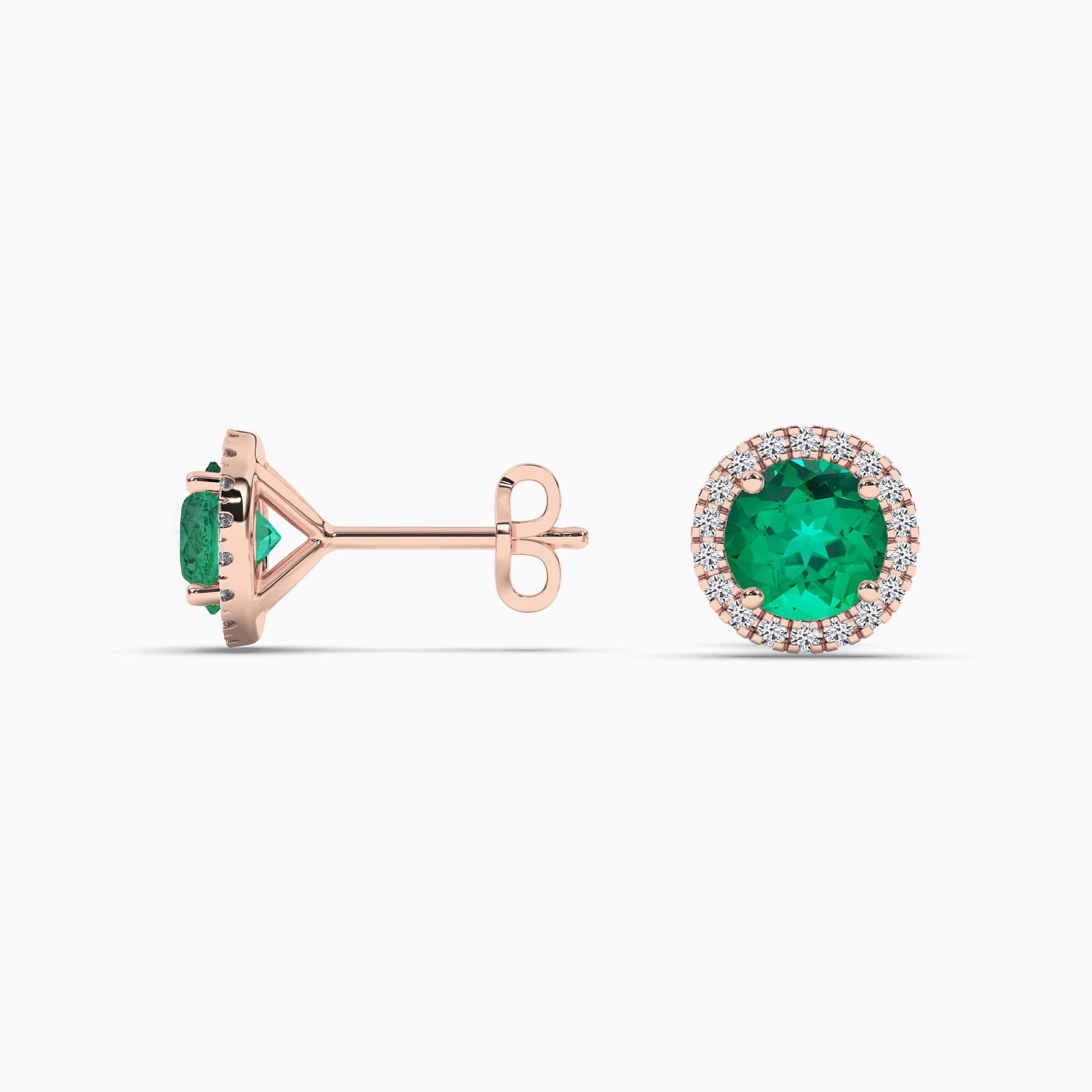 1 carat Rose Gold Round Emerald 4-Prong Halo-Style Earrings