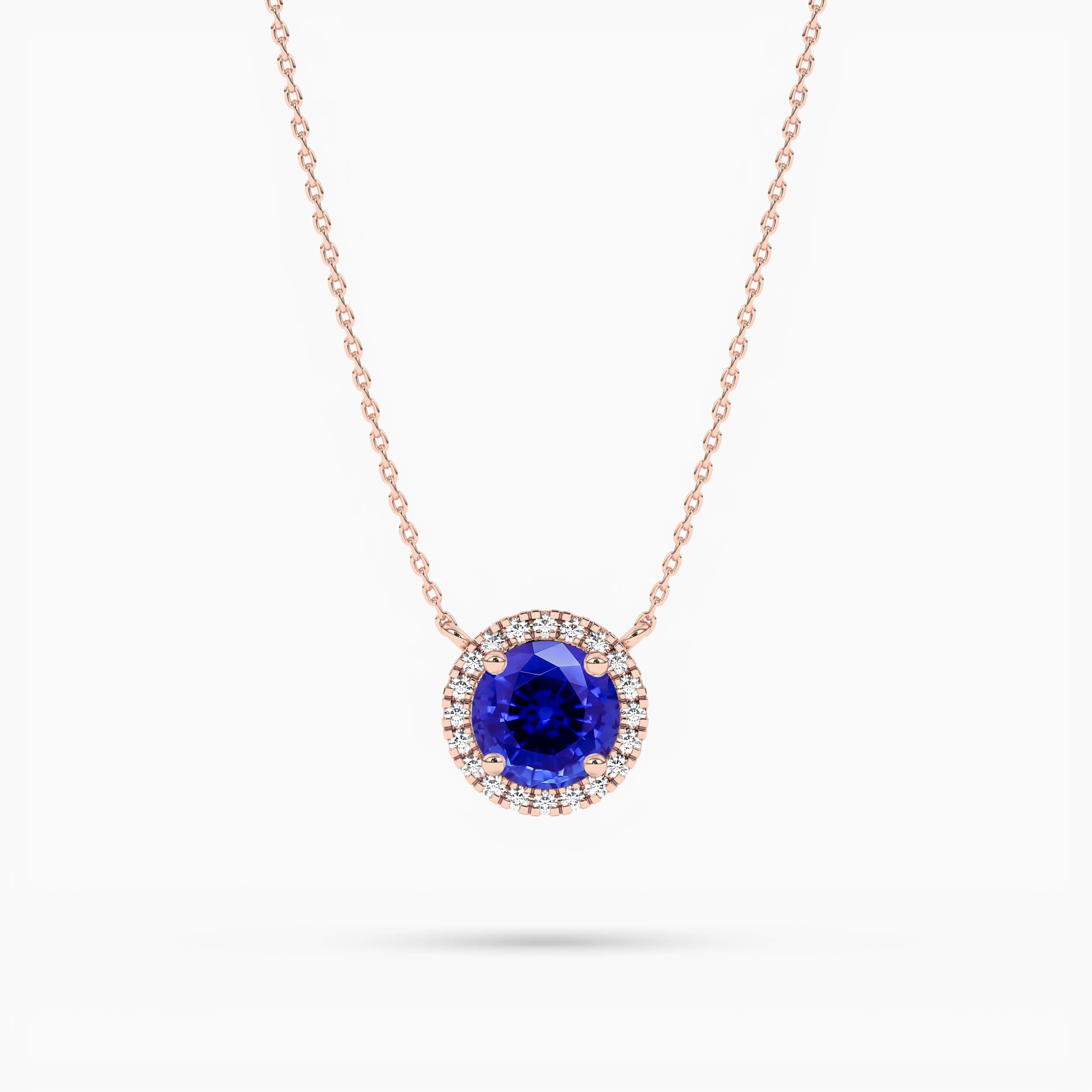 Blue Sapphire Halo Pendant Solid Gold Diamond Pendant