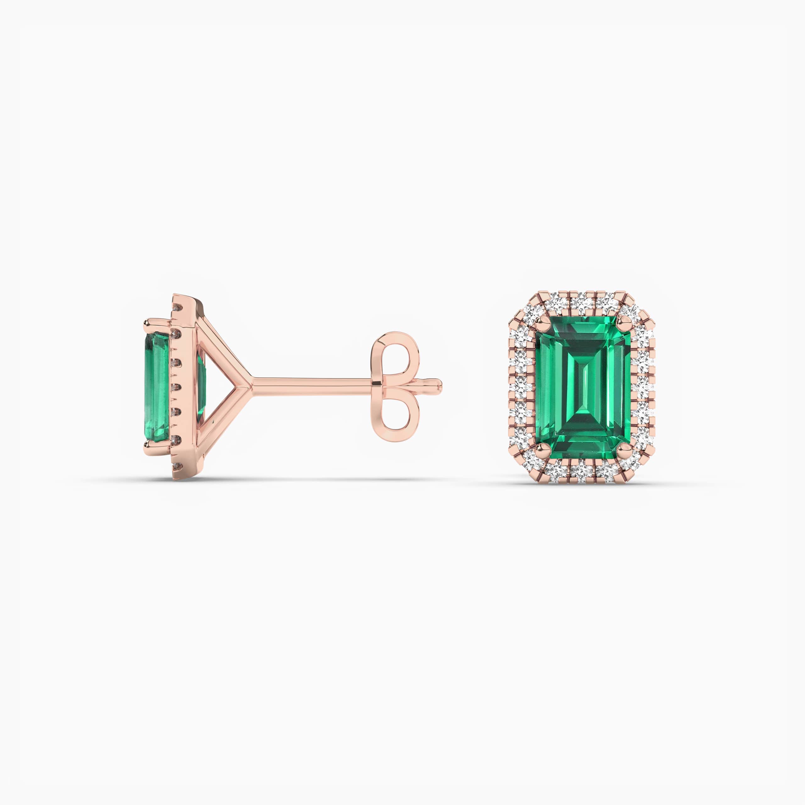 Emerald & Studded Natural Diamond Halo Studs Earrings Gold