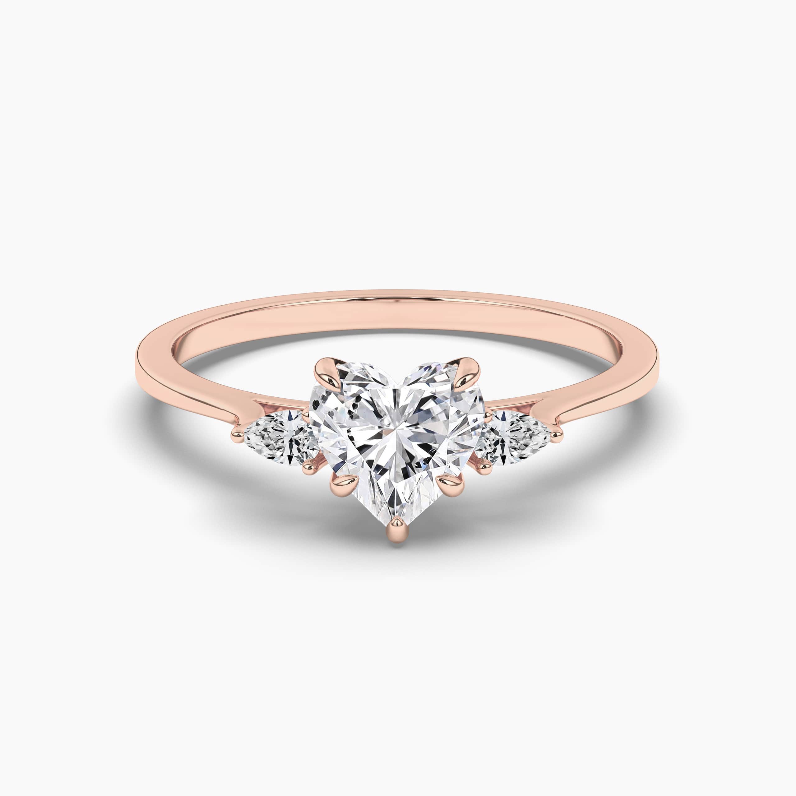 Rose Gold Heart Shape Center Diamond Perfectly Matched Round Three Stone Diamond Engagement Ring