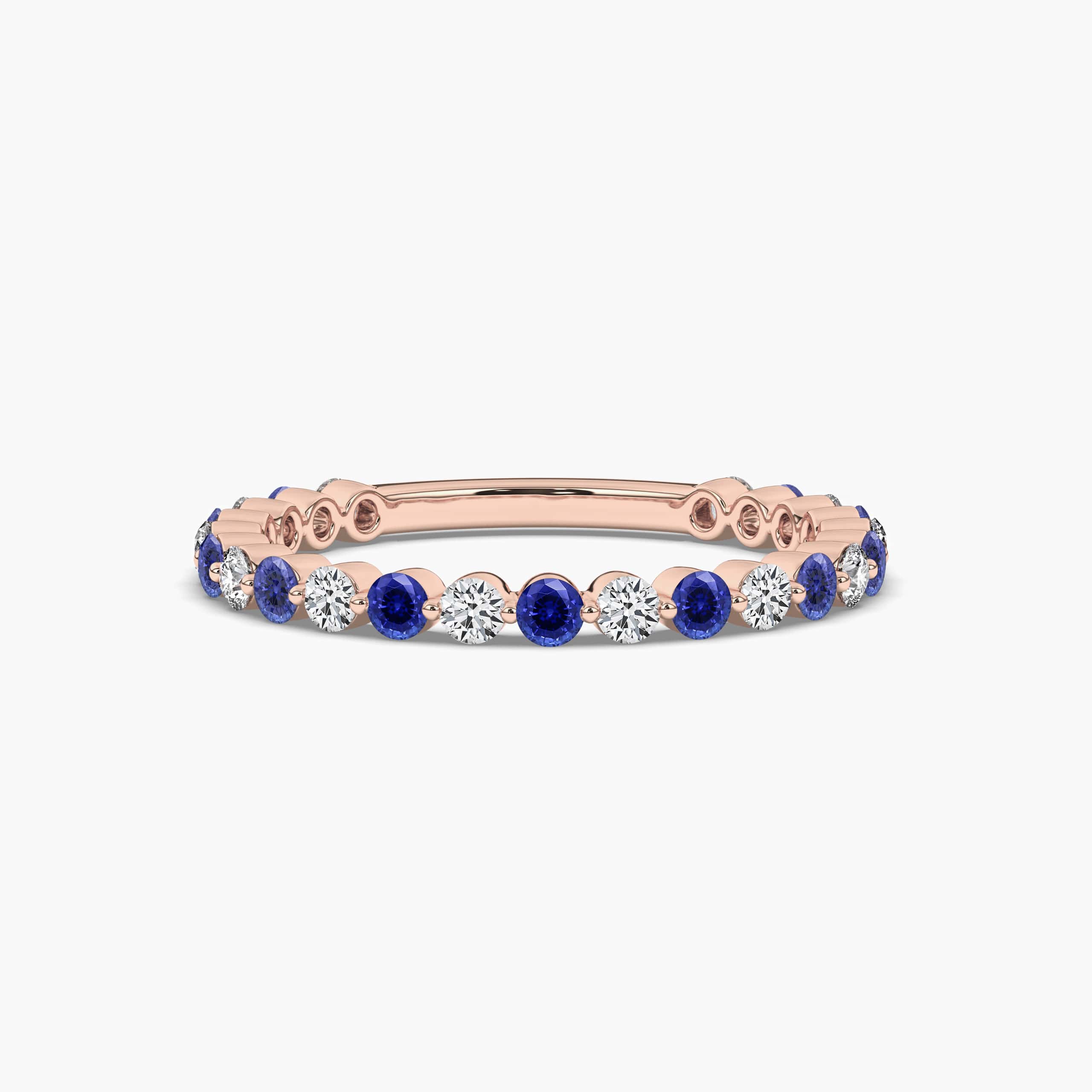 Round Cut Blue Sapphire & White Diamond Full Eternity Wedding Band for Women Rose Gold