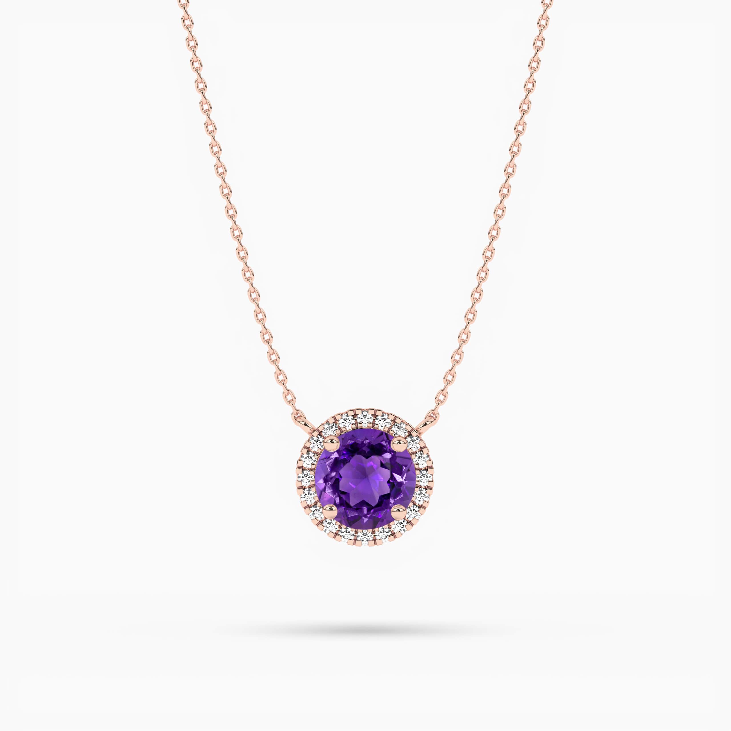 ROSE GOLD ROUND AMETHYST PENDANT WITH DIAMOND HALO ON ROSE GOLD CHAIN