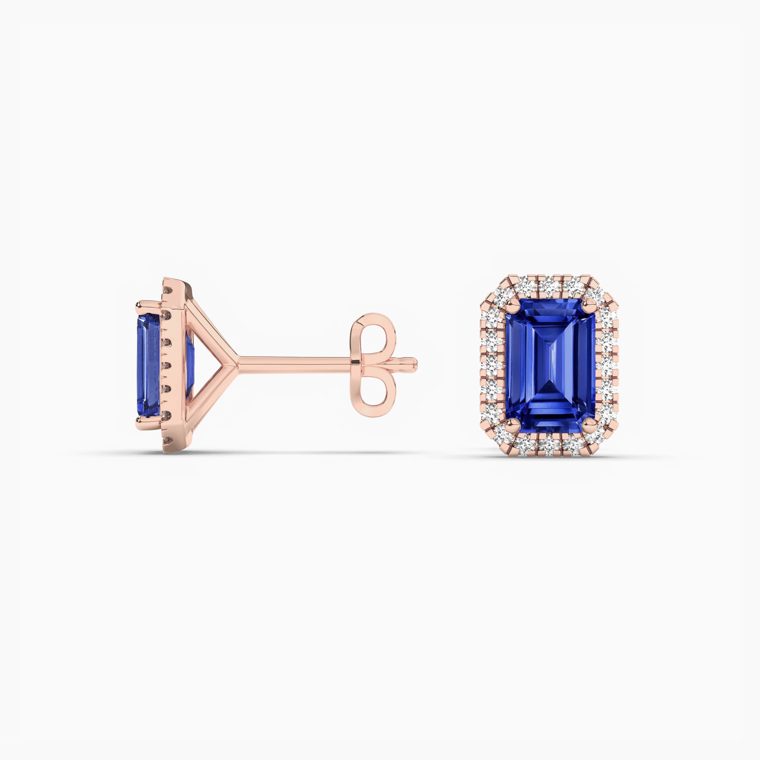 Rose Gold Round Halo Diamond & Sapphire Earrings