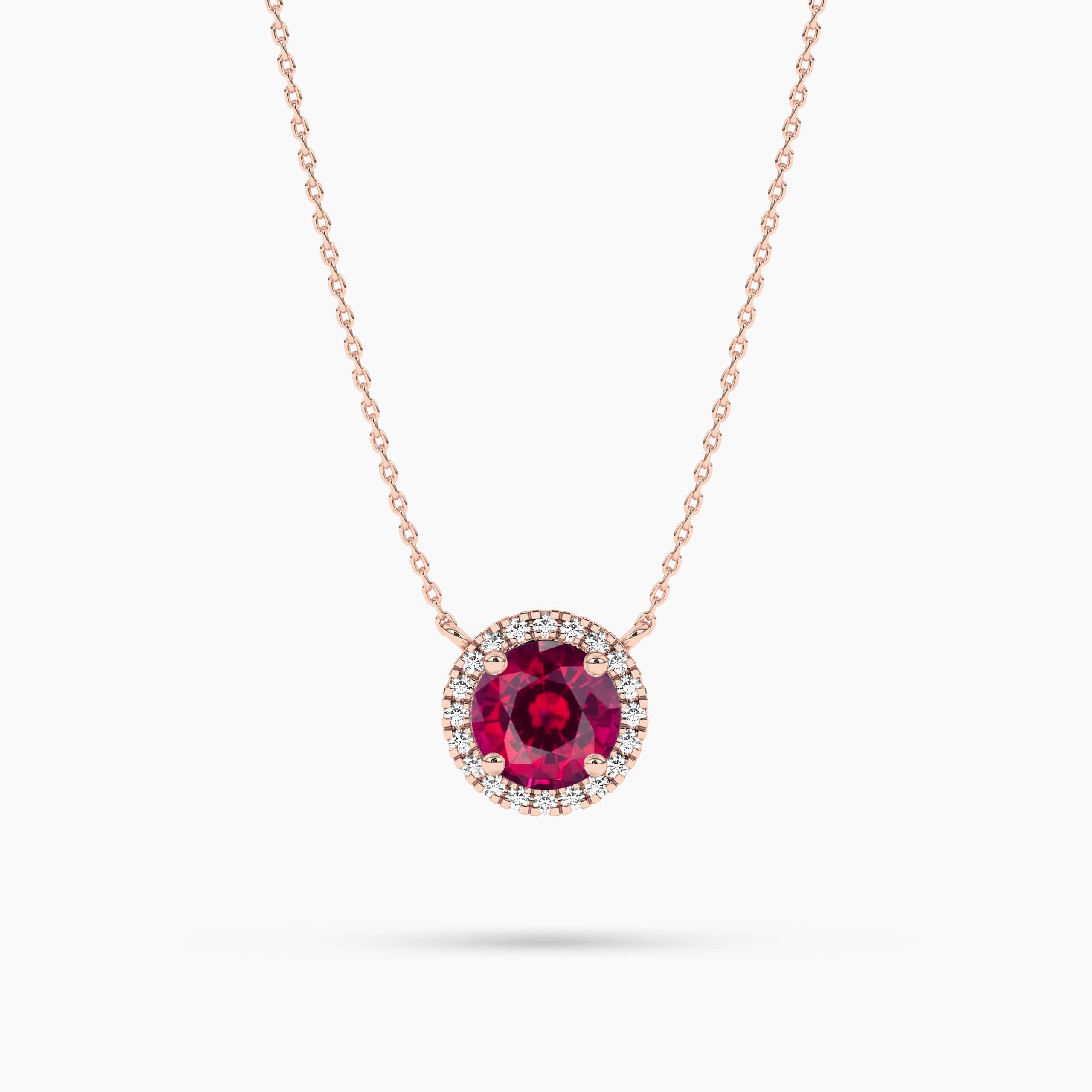 Rose Gold Genuine Round Ruby Halo Pendant Necklace