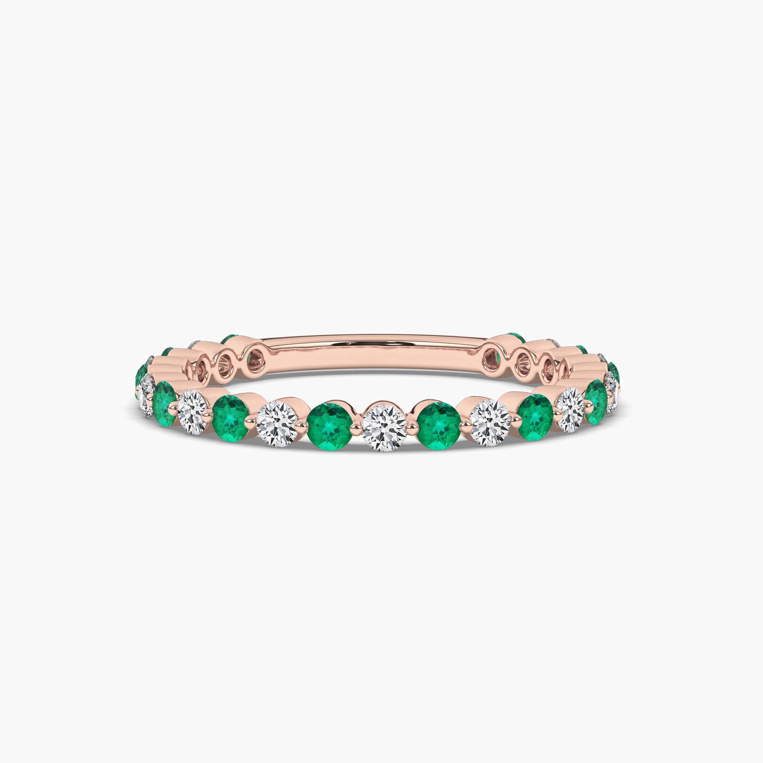 Round Cut Green Emerald & Diamond Half Eternity Wedding Band  In Rose Gold