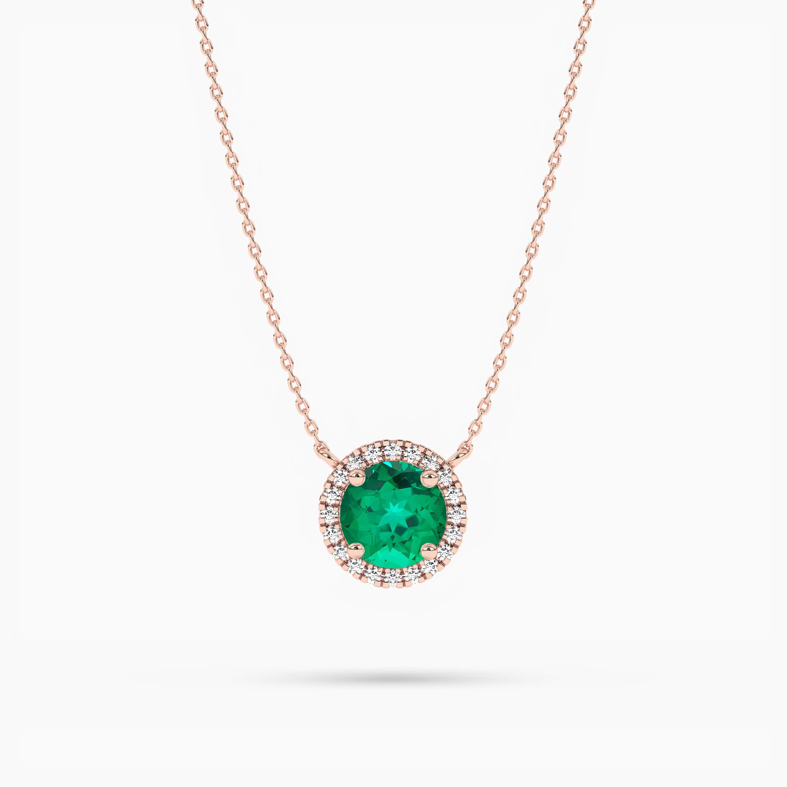 Rose Gold Halo Emerald Round Necklace