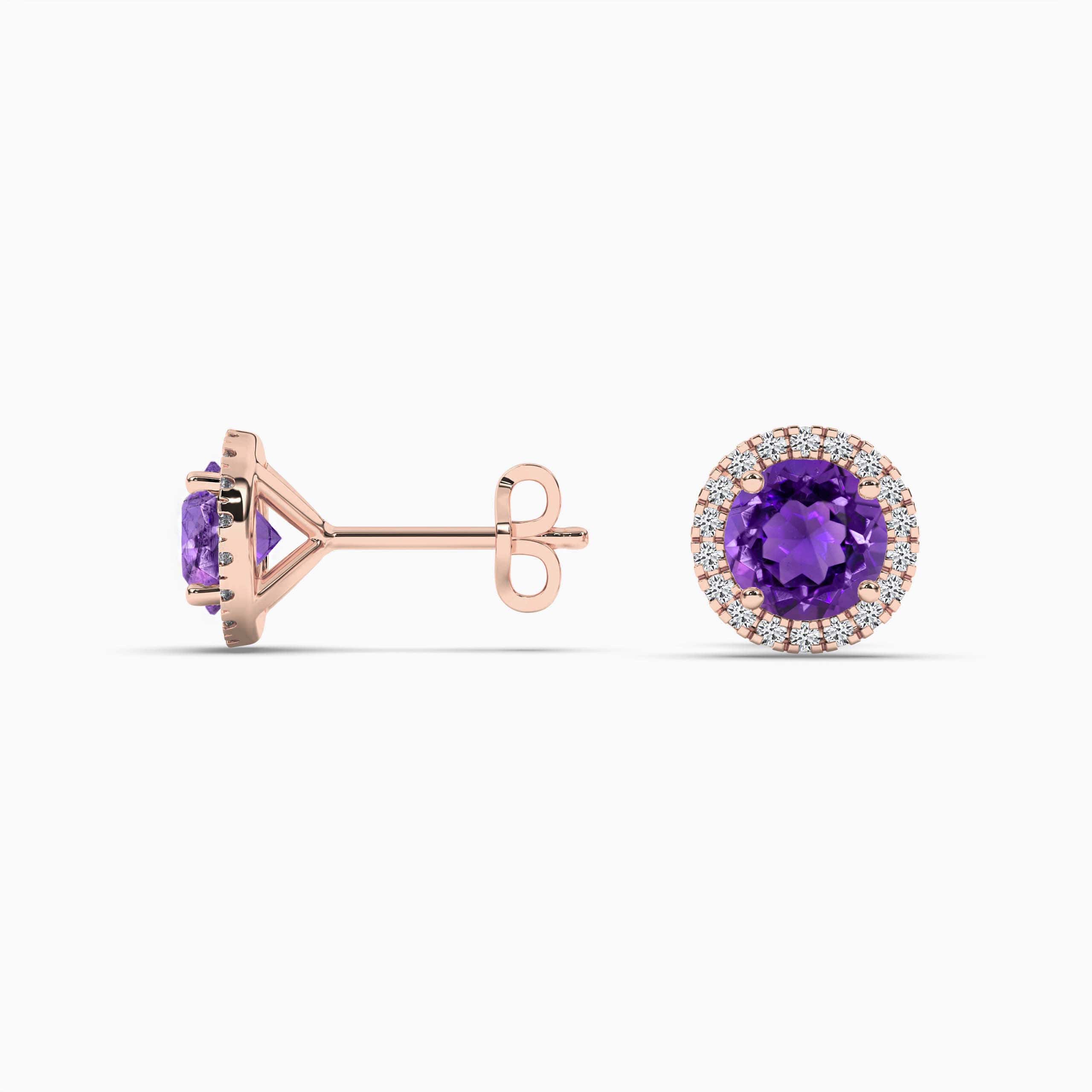 Round Gemstone & Diamond Ladies Halo Stud Earrings, Rose Gold